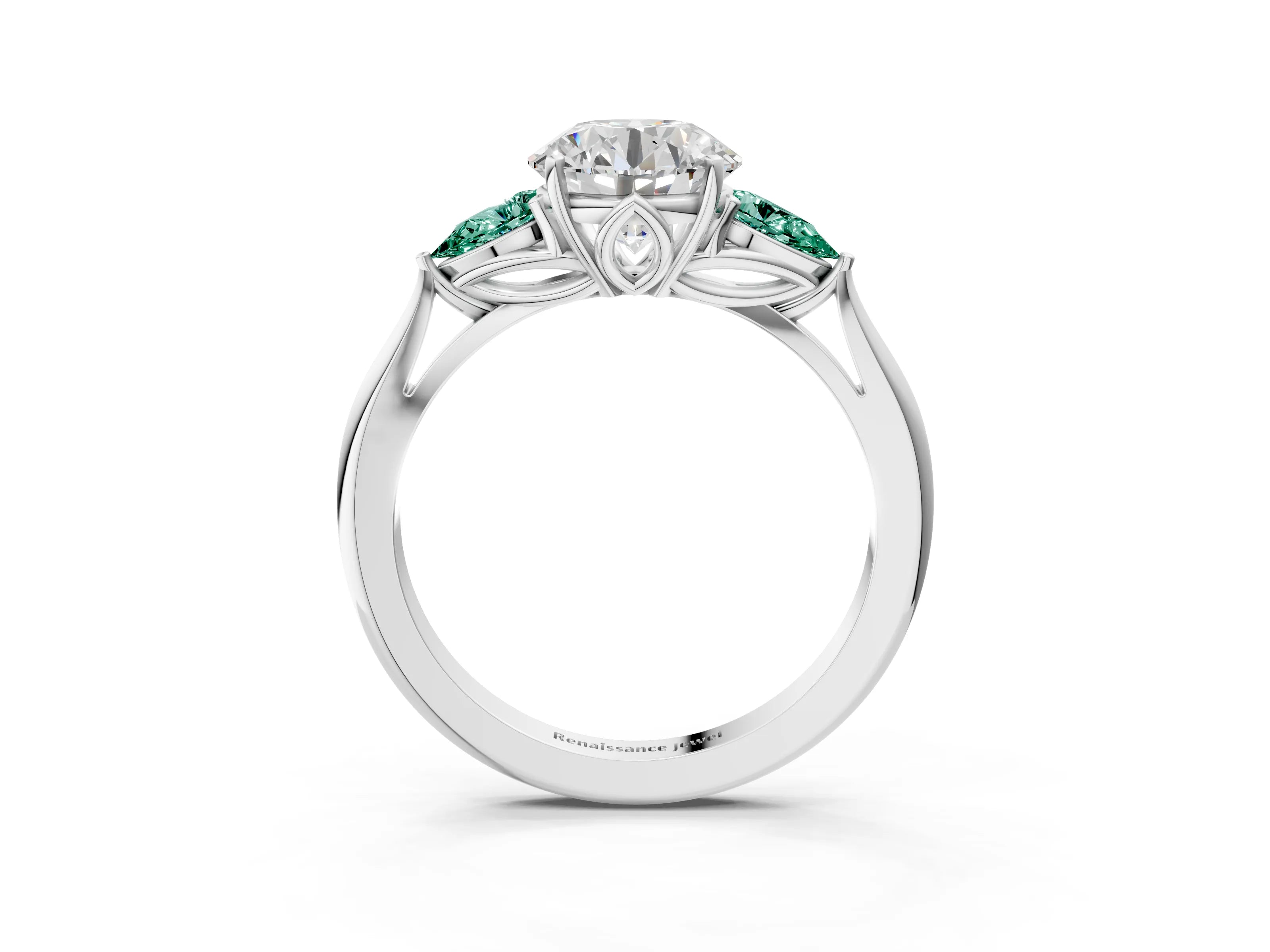 White gold Round Cut Diamond Three-Stone Ring with Pear with Green Sapphire side stone Side Stones and Prong Setting_75