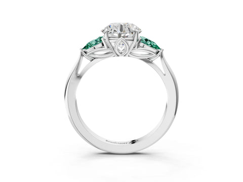 White gold Round Cut Diamond Three-Stone Ring with Pear with Green Sapphire side stone Side Stones and Prong Setting_75