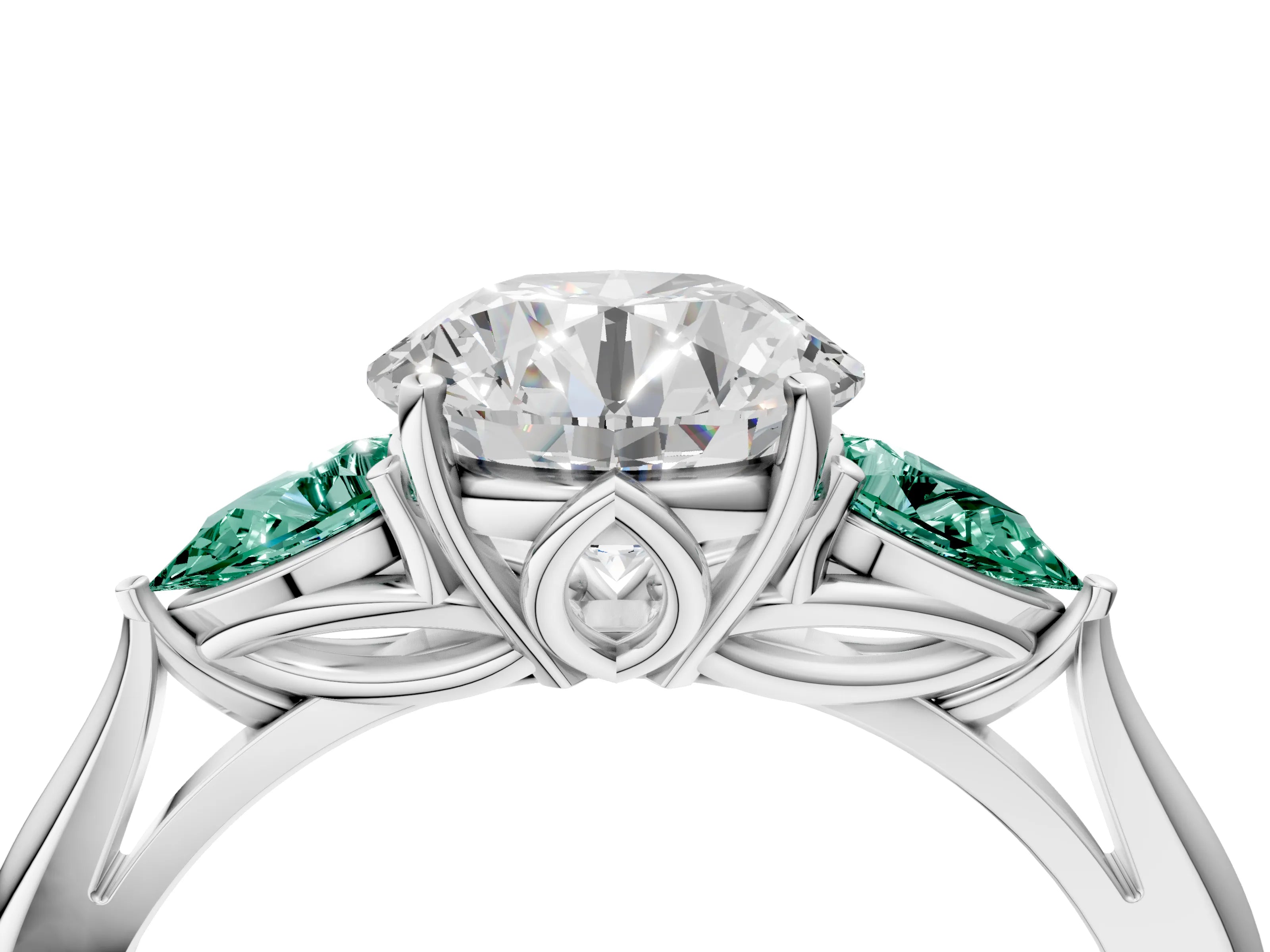 White gold Round Cut Diamond Three-Stone Ring with Pear with Green Sapphire side stone Side Stones and Prong Setting_76