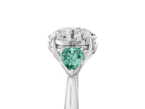 White gold Round Cut Diamond Three-Stone Ring with Pear with Green Sapphire side stone Side Stones and Prong Setting_77