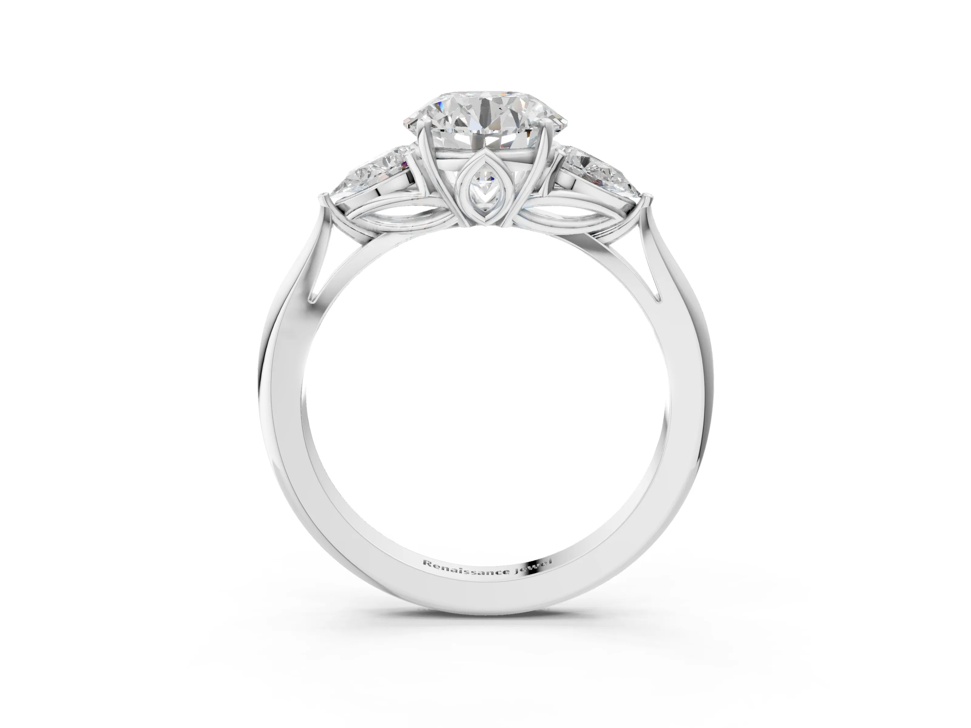 White gold Round Cut Diamond Three-Stone Ring with Pear with Moissanite side stone Side Stones and Prong Setting_111