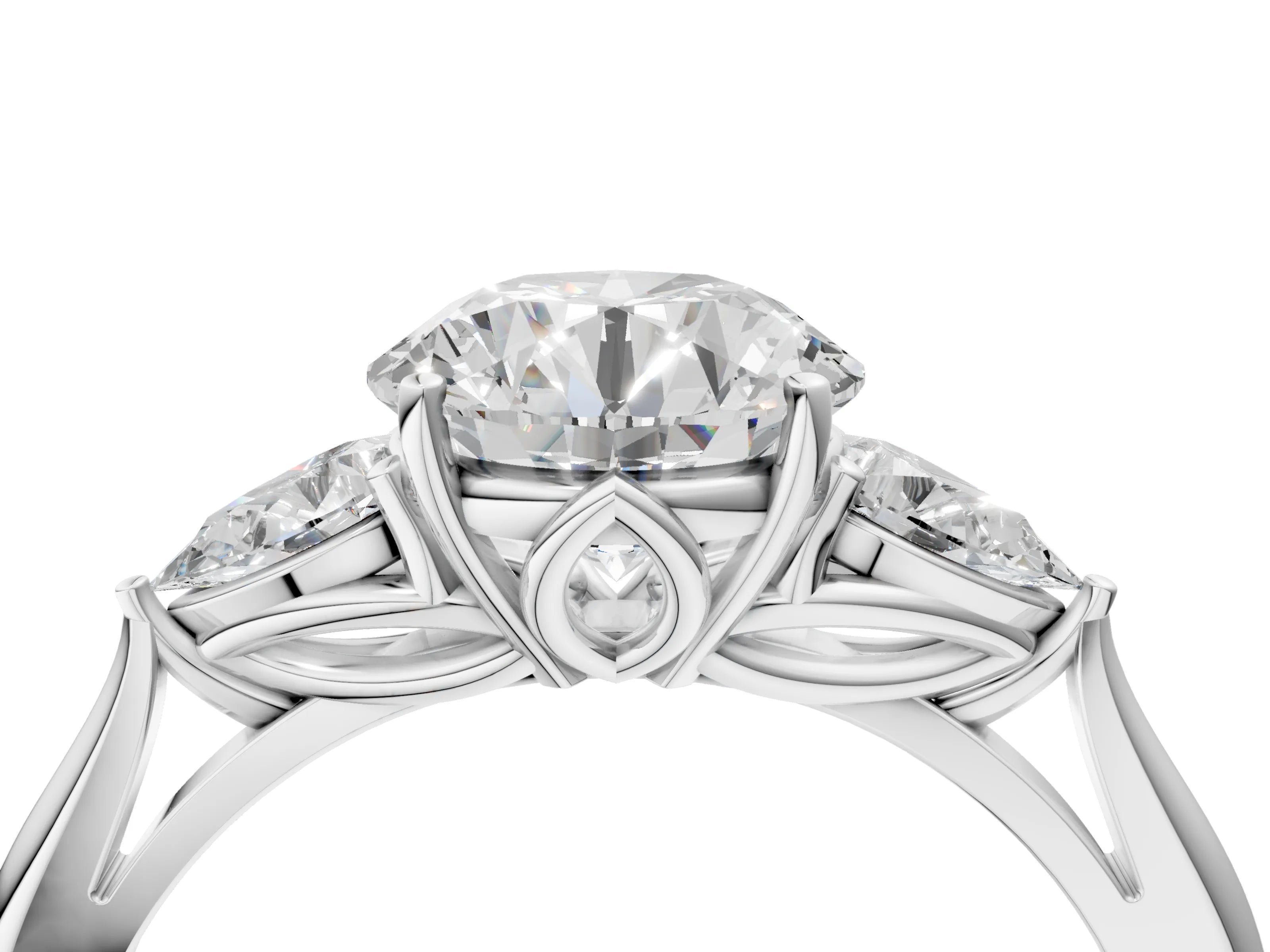 White gold Round Cut Diamond Three-Stone Ring with Pear with Moissanite side stone Side Stones and Prong Setting_112