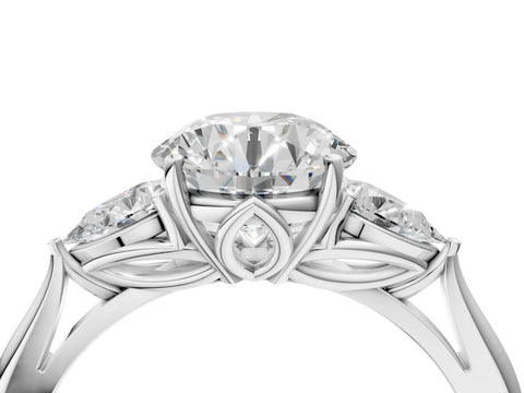 White gold Round Cut Diamond Three-Stone Ring with Pear with Moissanite side stone Side Stones and Prong Setting_112