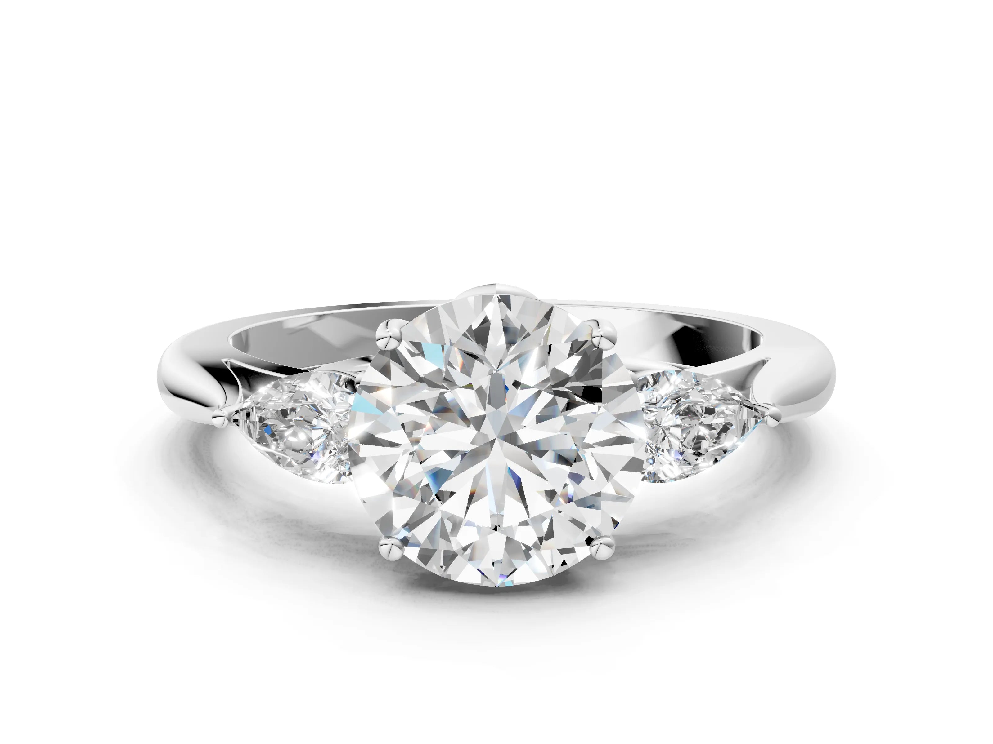White gold Round Cut Diamond Three-Stone Ring with Pear with Moissanite side stone Side Stones and Prong Setting_12