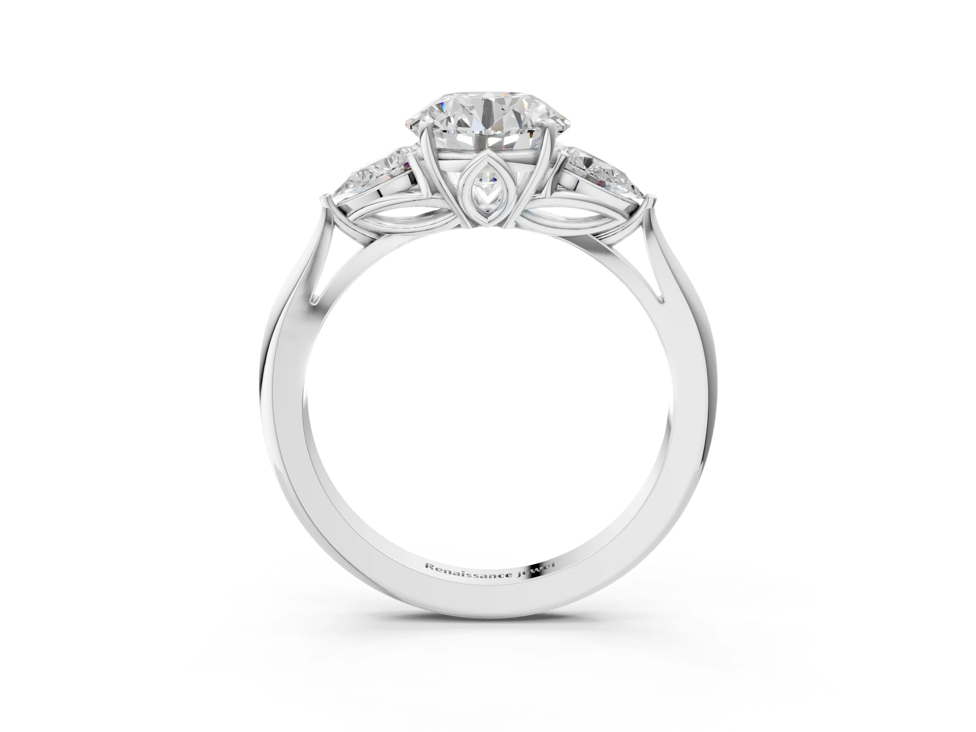 White gold Round Cut Diamond Three-Stone Ring with Pear with Moissanite side stone Side Stones and Prong Setting_15