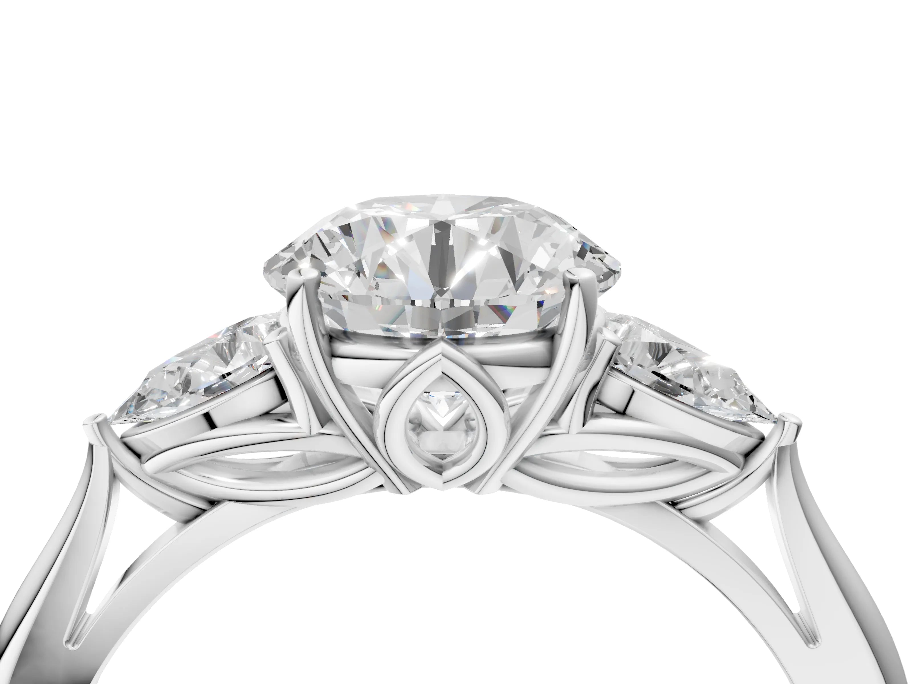 White gold Round Cut Diamond Three-Stone Ring with Pear with Moissanite side stone Side Stones and Prong Setting_16