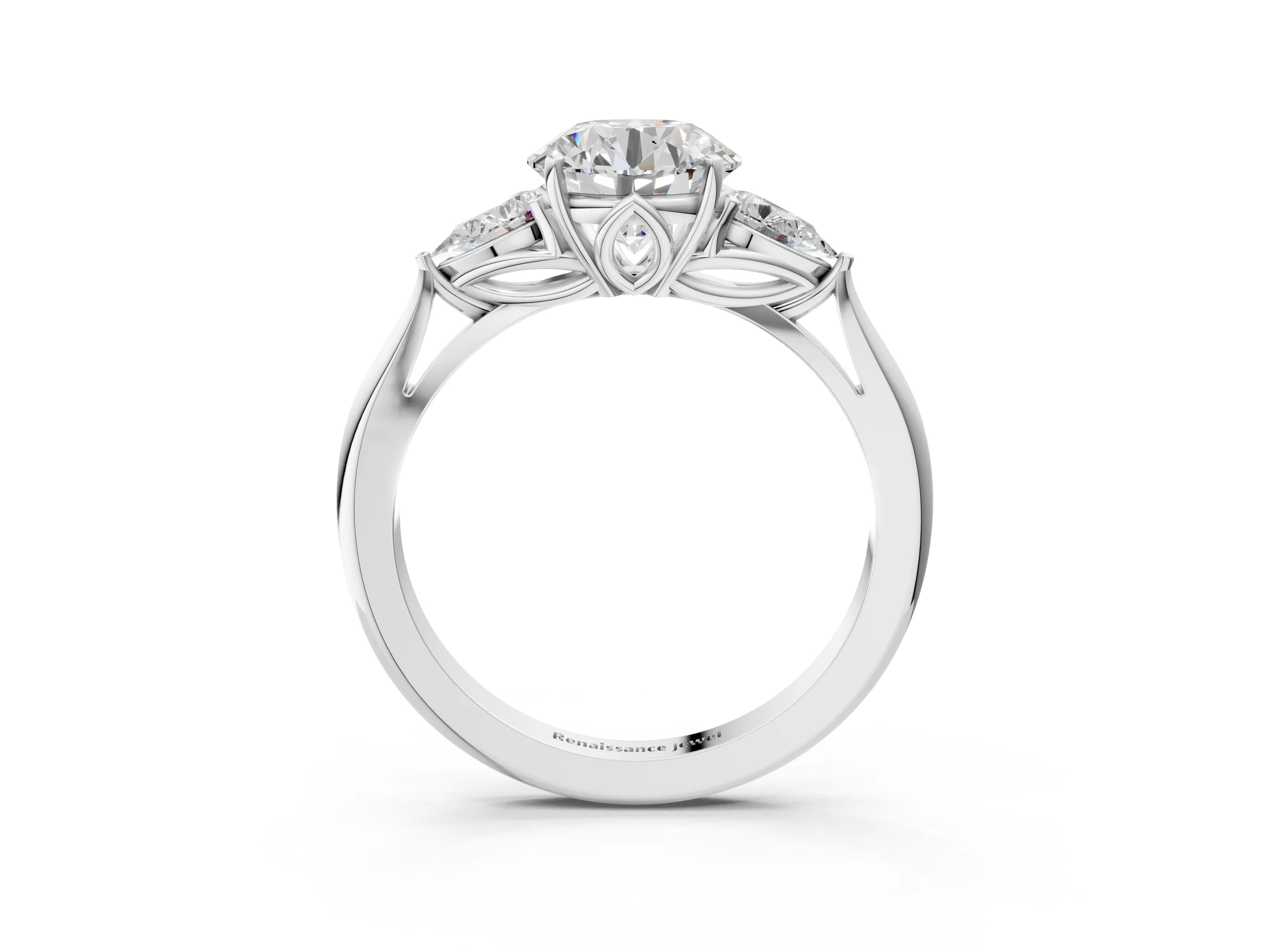 White gold Round Cut Diamond Three-Stone Ring with Pear with Moissanite side stone Side Stones and Prong Setting_3
