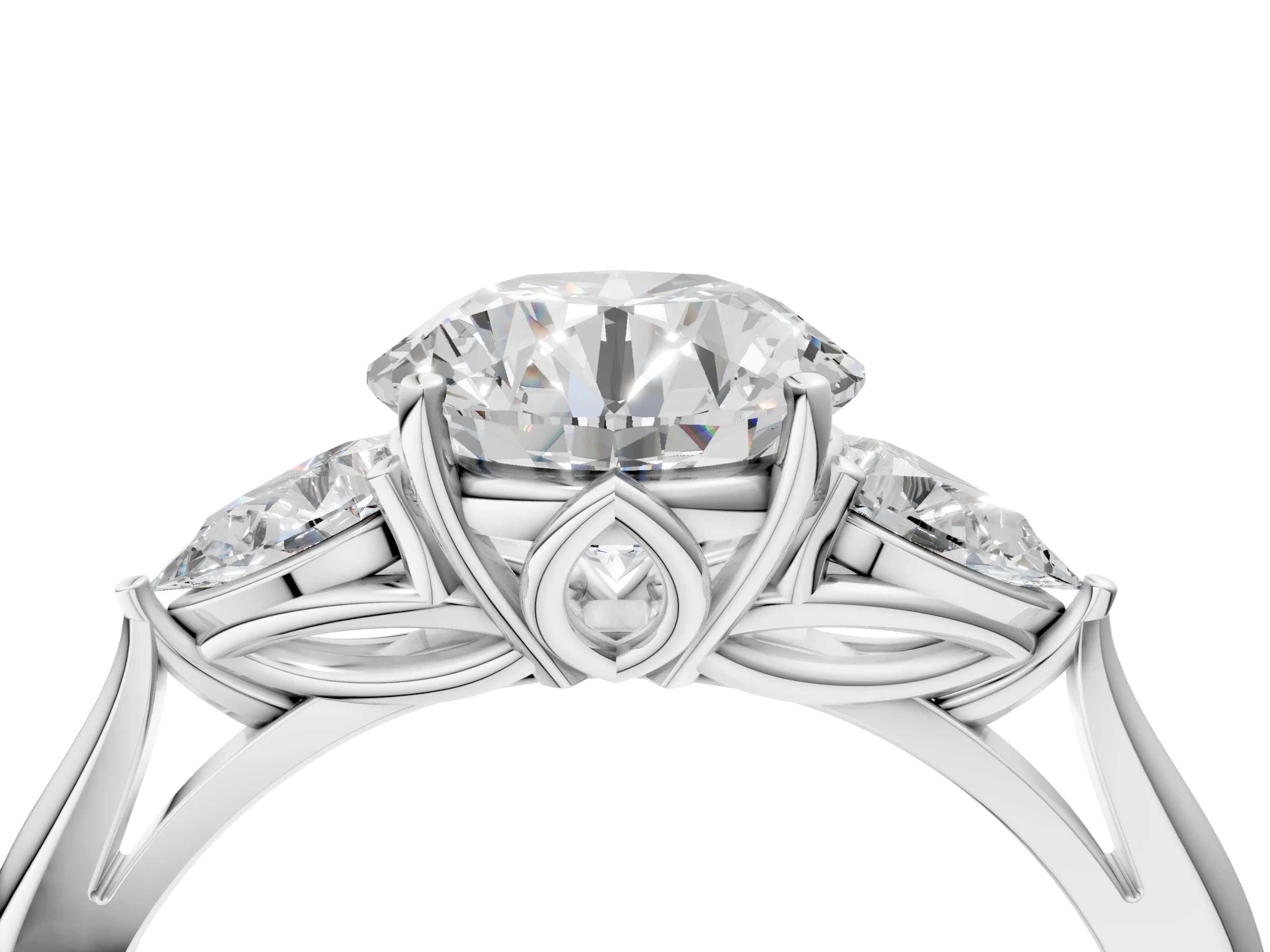 White gold Round Cut Diamond Three-Stone Ring with Pear with Moissanite side stone Side Stones and Prong Setting_4