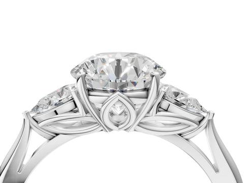 White gold Round Cut Diamond Three-Stone Ring with Pear with Moissanite side stone Side Stones and Prong Setting_4
