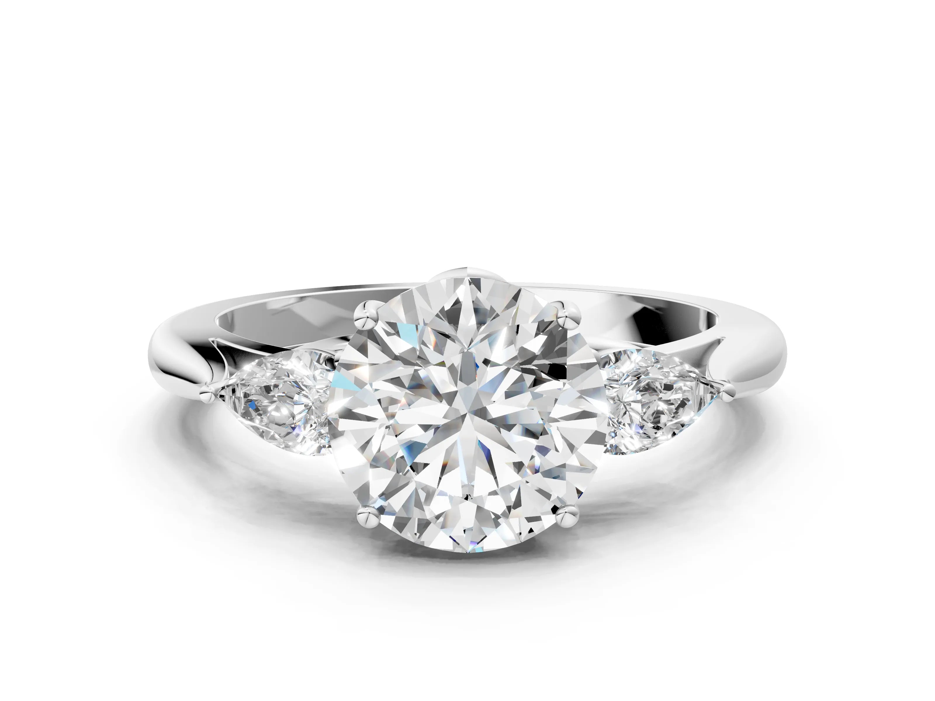 White gold Round Cut Diamond Three-Stone Ring with Pear with Moissanite side stone Side Stones and Prong Setting_90