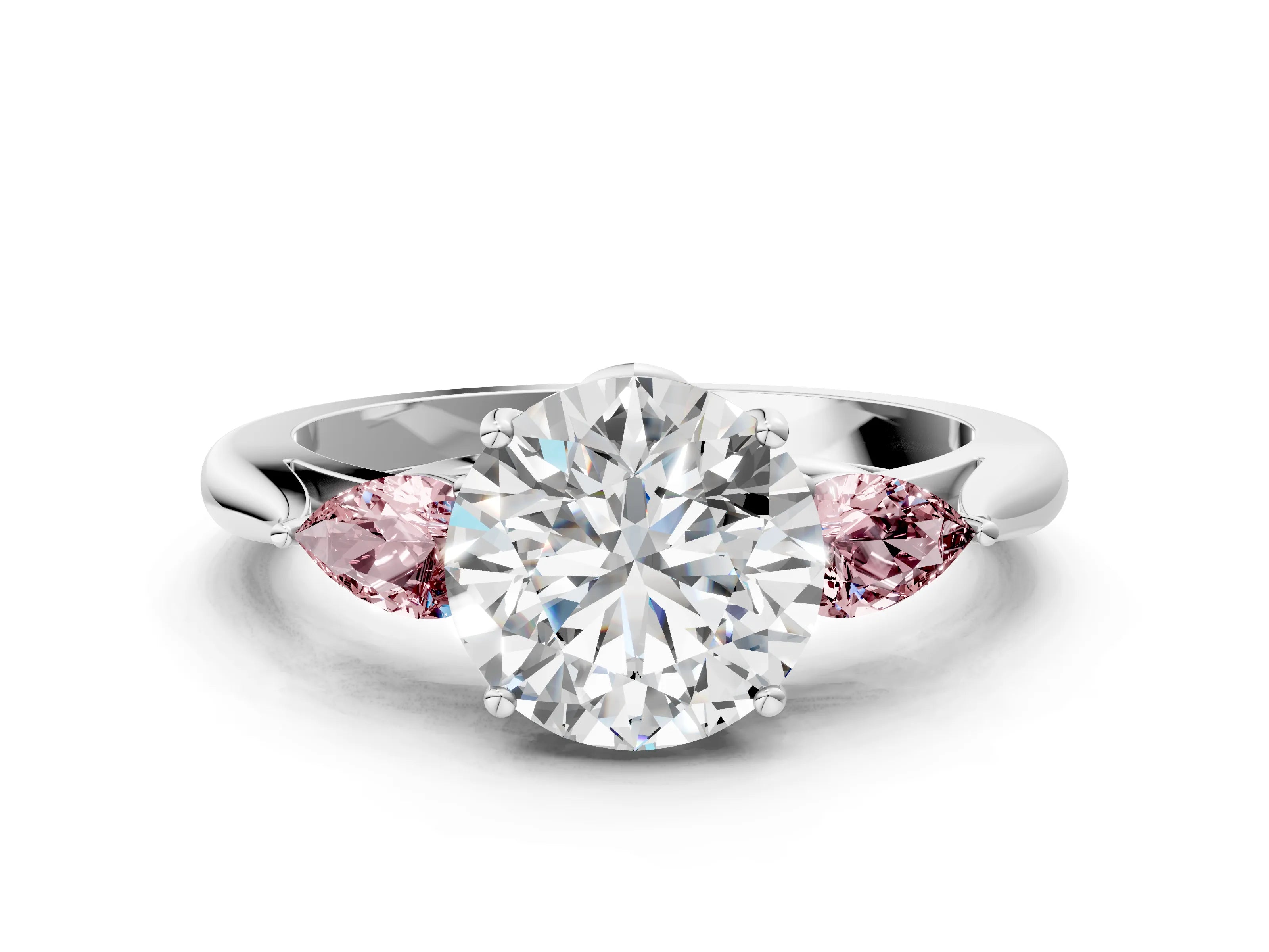 White gold Round Cut Diamond Three-Stone Ring with Pear with Morganite side stone Side Stones and Prong Setting_12