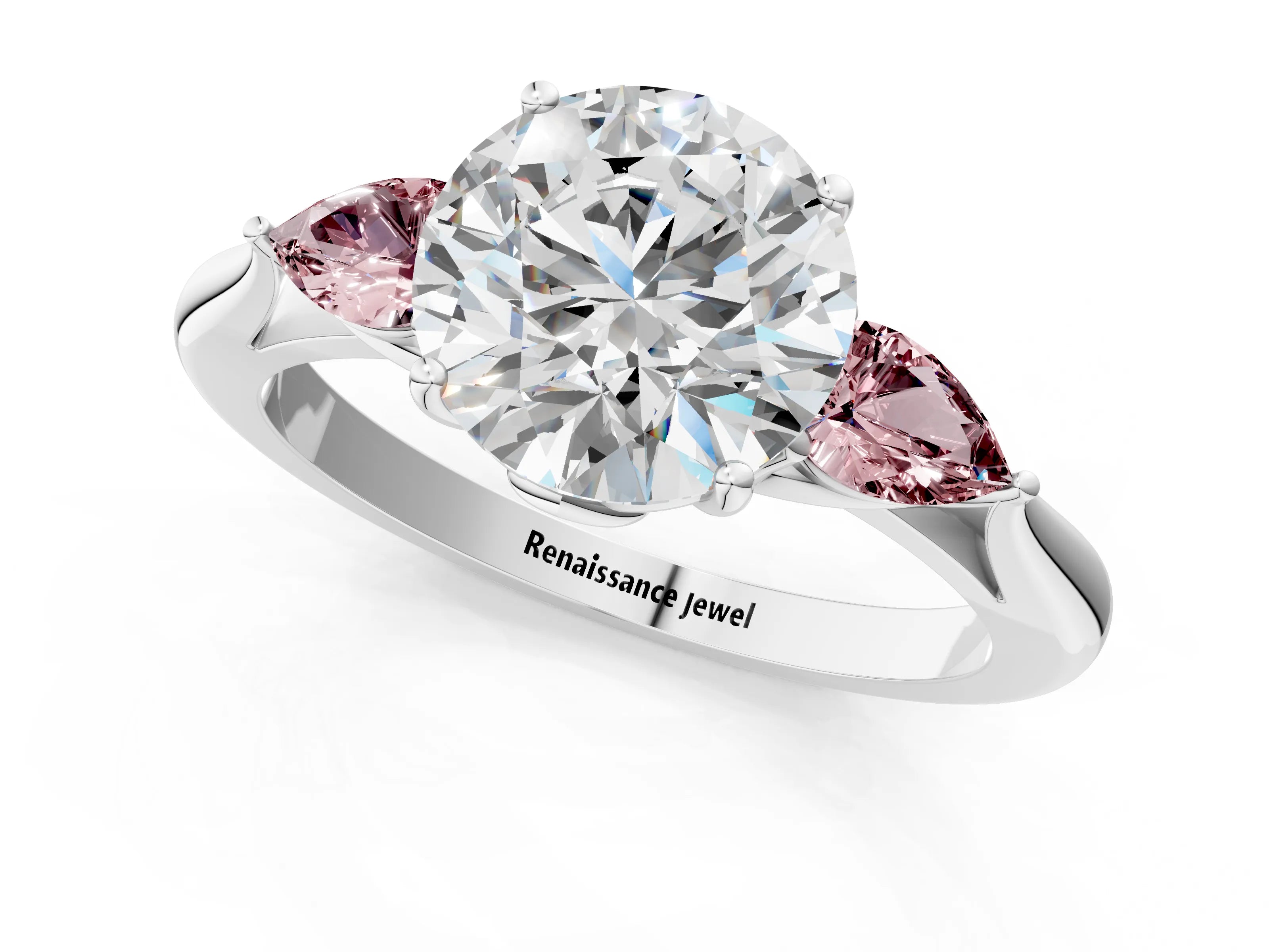White gold Round Cut Diamond Three-Stone Ring with Pear with Morganite side stone Side Stones and Prong Setting_13