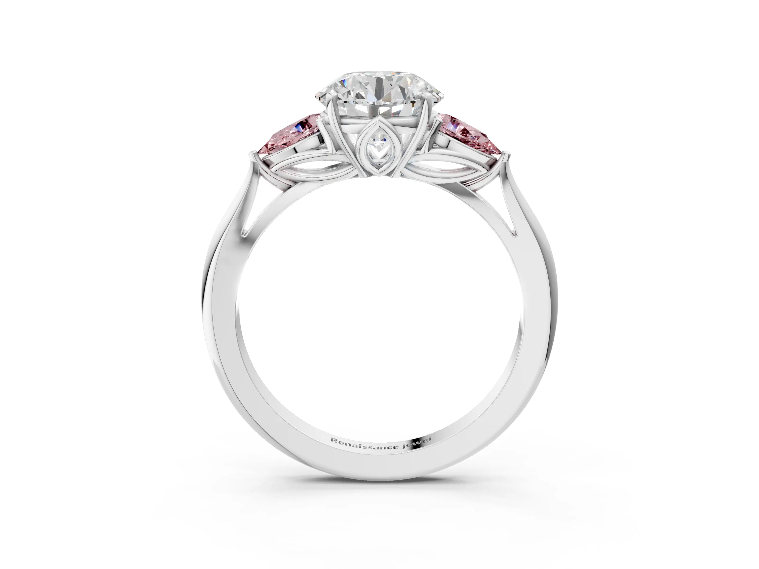 White gold Round Cut Diamond Three-Stone Ring with Pear with Morganite side stone Side Stones and Prong Setting_15