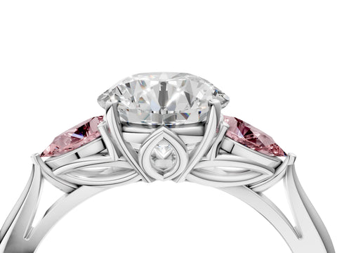 White gold Round Cut Diamond Three-Stone Ring with Pear with Morganite side stone Side Stones and Prong Setting_16