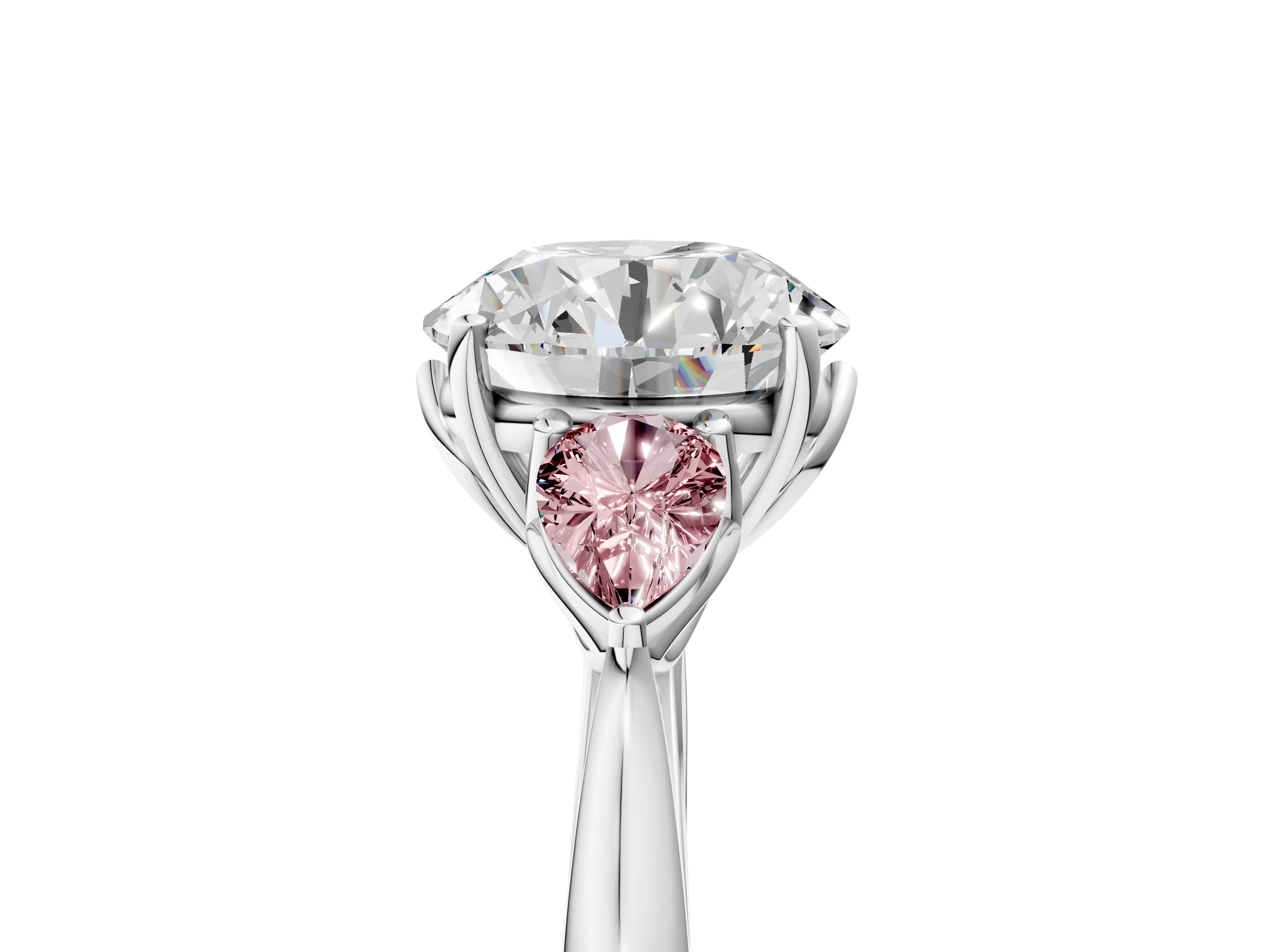 White gold Round Cut Diamond Three-Stone Ring with Pear with Morganite side stone Side Stones and Prong Setting_17
