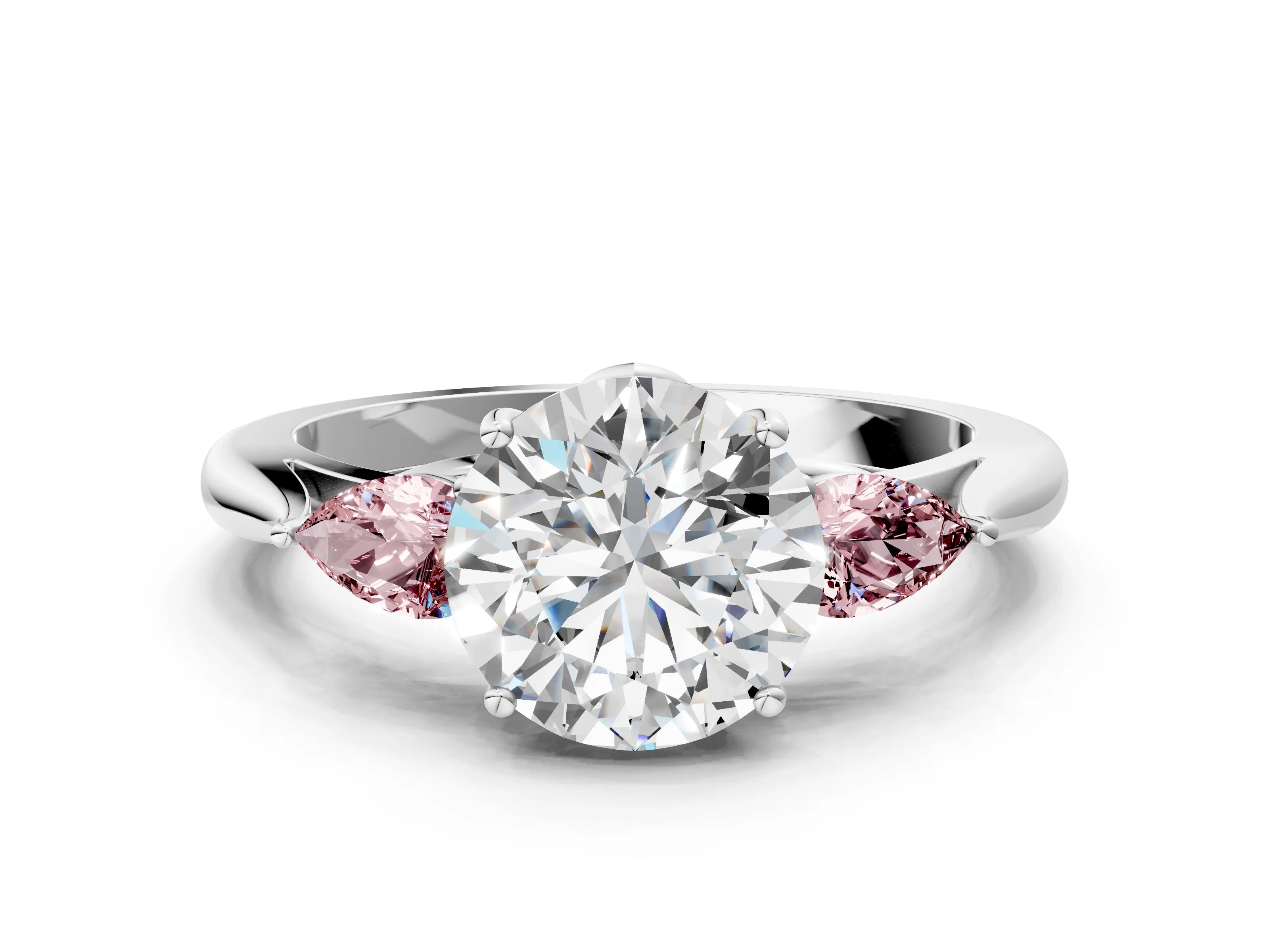 White gold Round Cut Diamond Three-Stone Ring with Pear with Morganite side stone Side Stones and Prong Setting_54