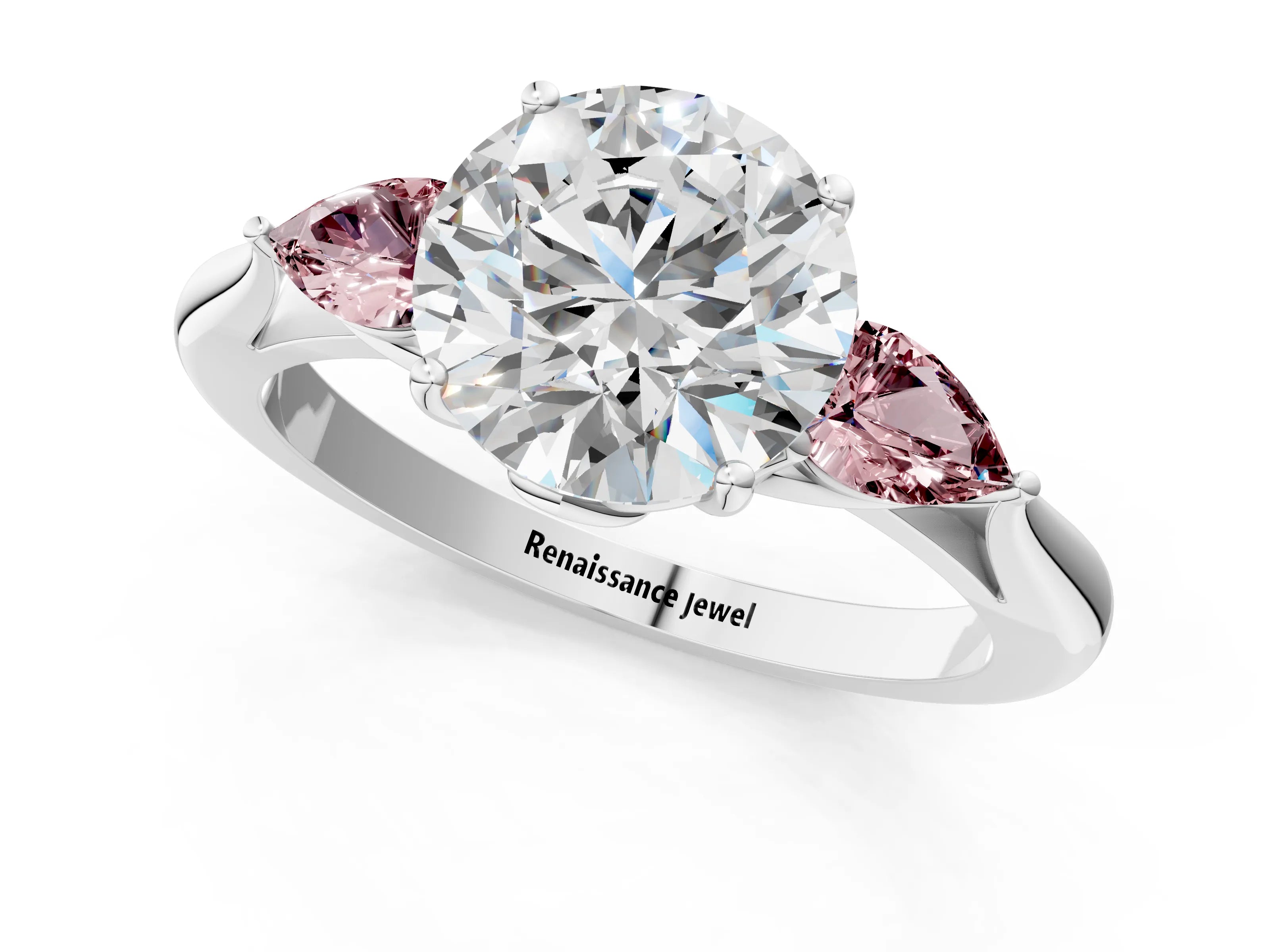 White gold Round Cut Diamond Three-Stone Ring with Pear with Morganite side stone Side Stones and Prong Setting_55