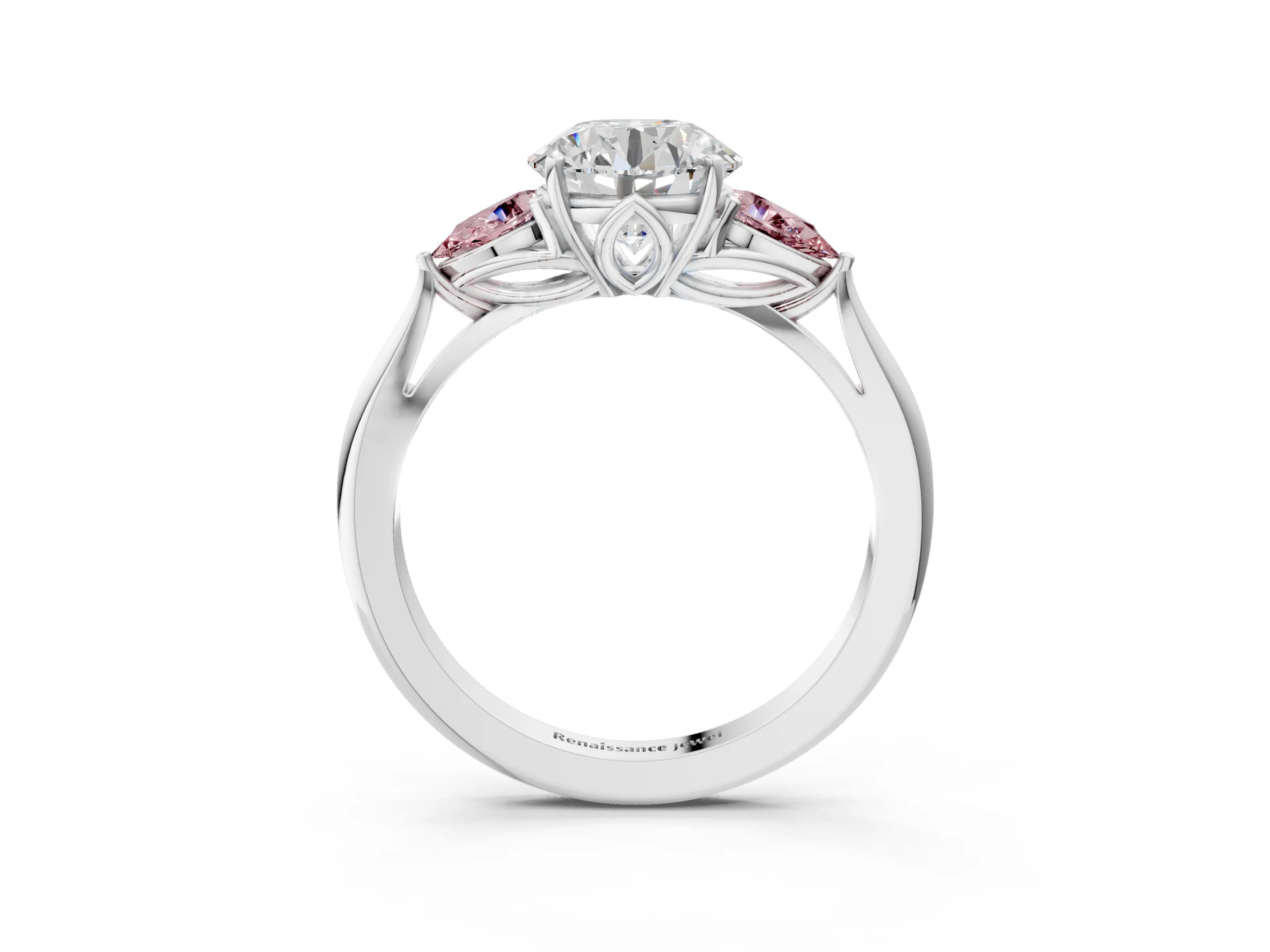 White gold Round Cut Diamond Three-Stone Ring with Pear with Morganite side stone Side Stones and Prong Setting_57
