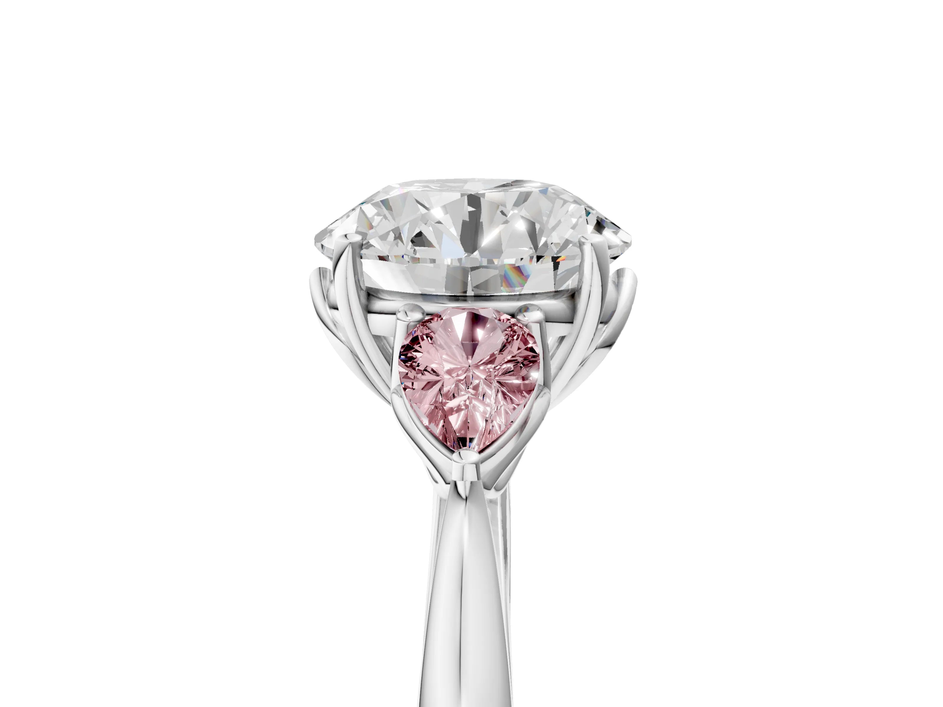 White gold Round Cut Diamond Three-Stone Ring with Pear with Morganite side stone Side Stones and Prong Setting_59