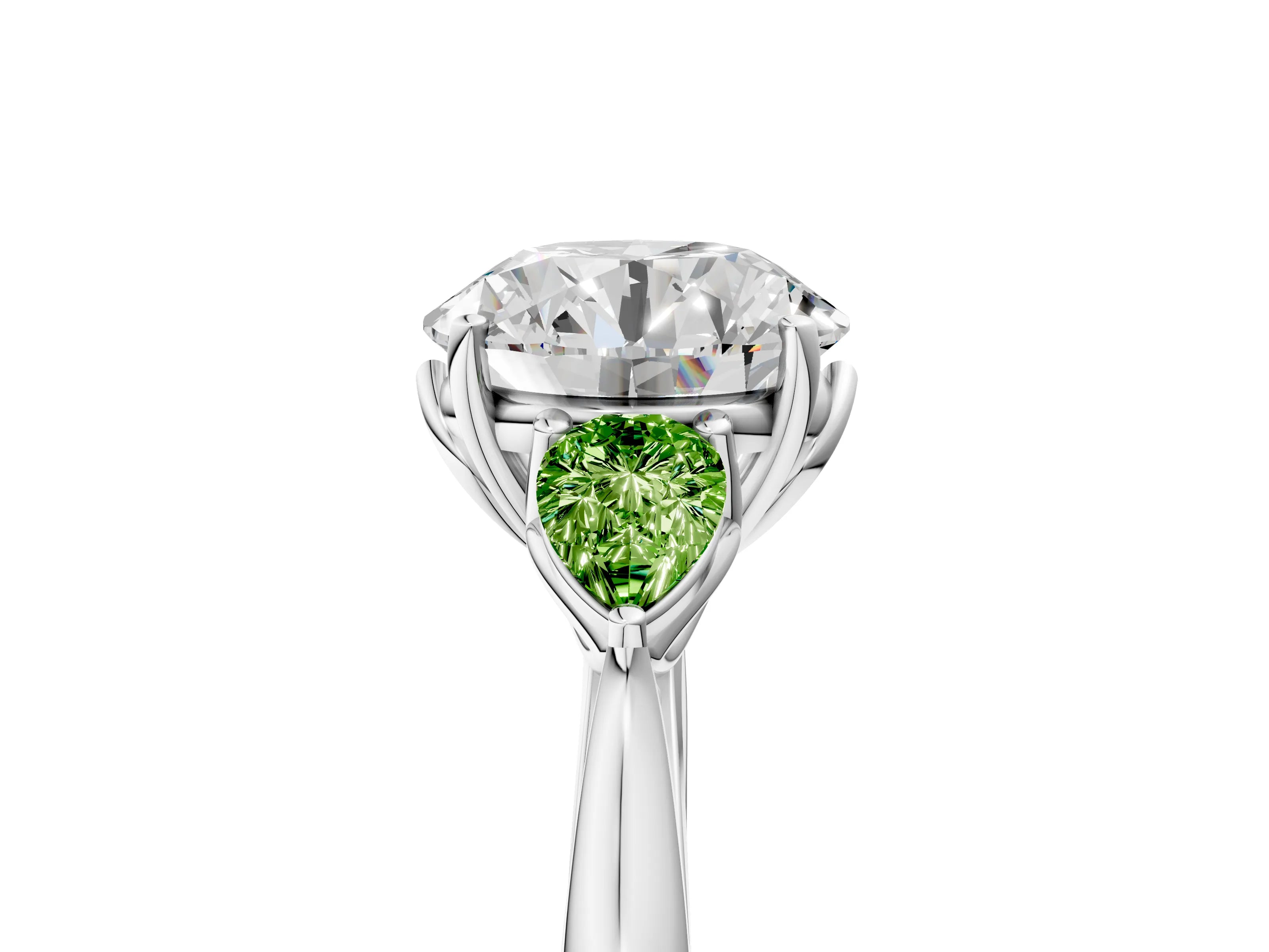 White gold Round Cut Diamond Three-Stone Ring with Pear with Peridot side stone Side Stones and Prong Setting_11