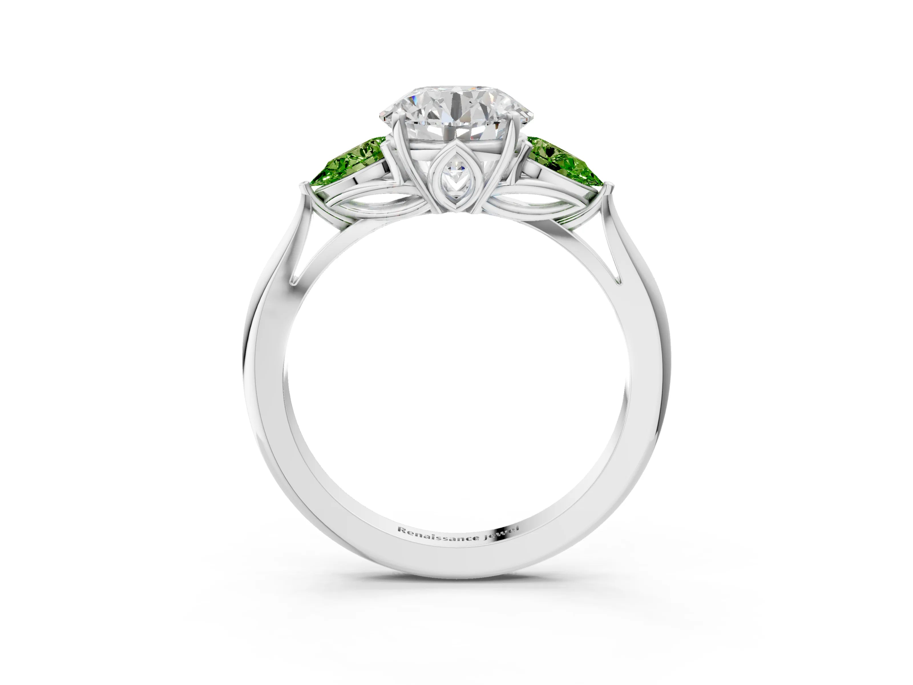 White gold Round Cut Diamond Three-Stone Ring with Pear with Peridot side stone Side Stones and Prong Setting_20