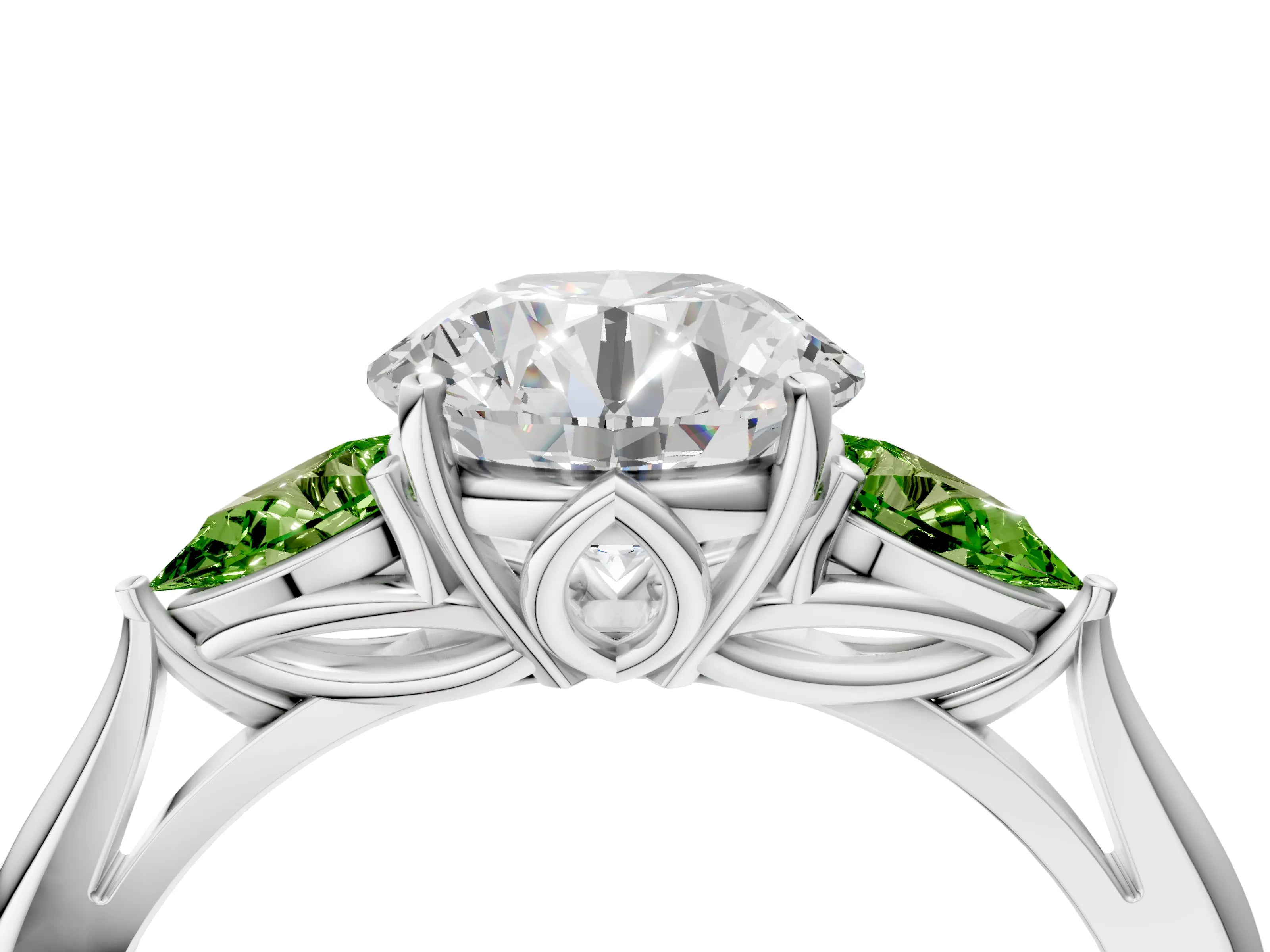 White gold Round Cut Diamond Three-Stone Ring with Pear with Peridot side stone Side Stones and Prong Setting_21