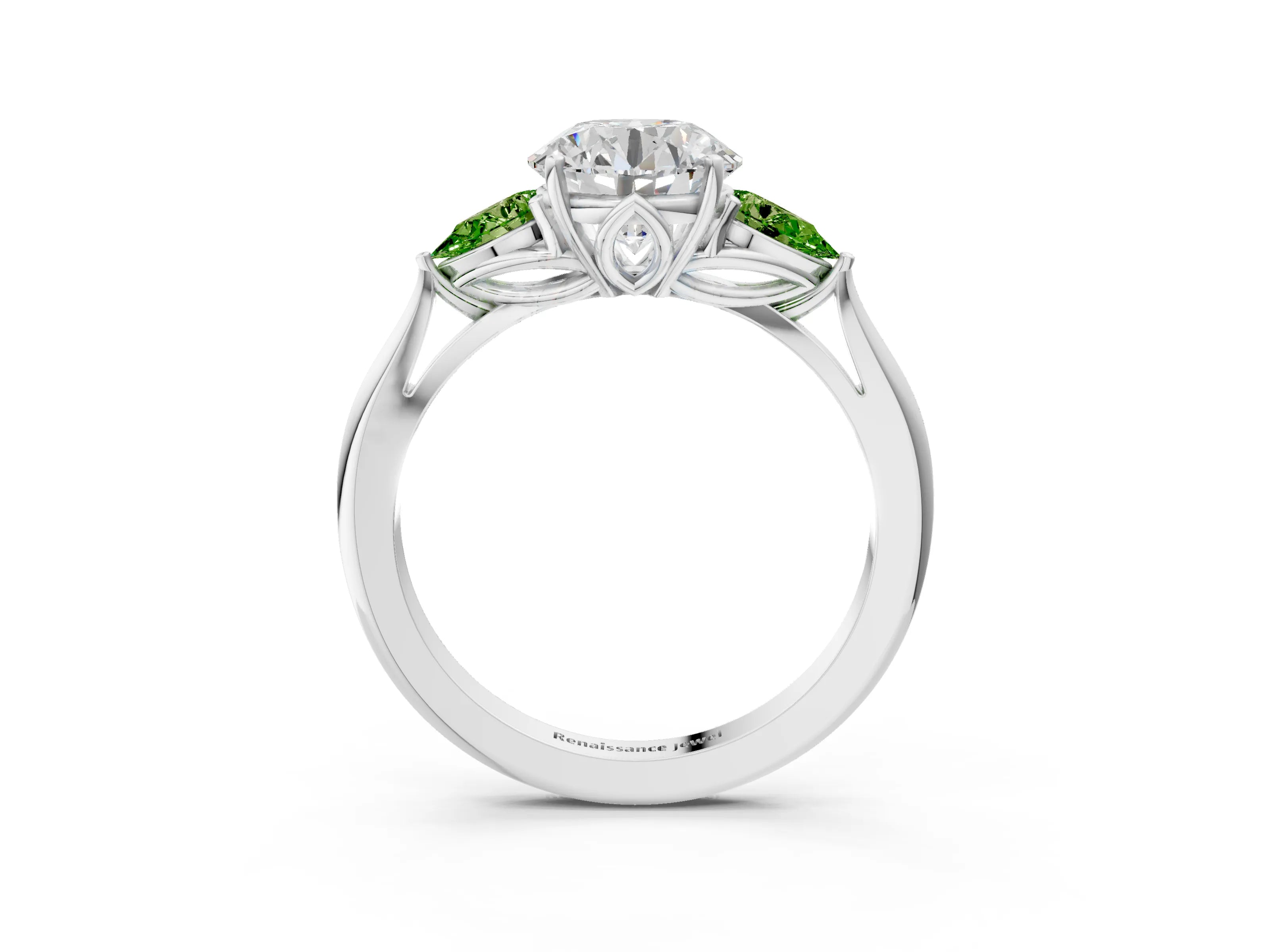 White gold Round Cut Diamond Three-Stone Ring with Pear with Peridot side stone Side Stones and Prong Setting_3