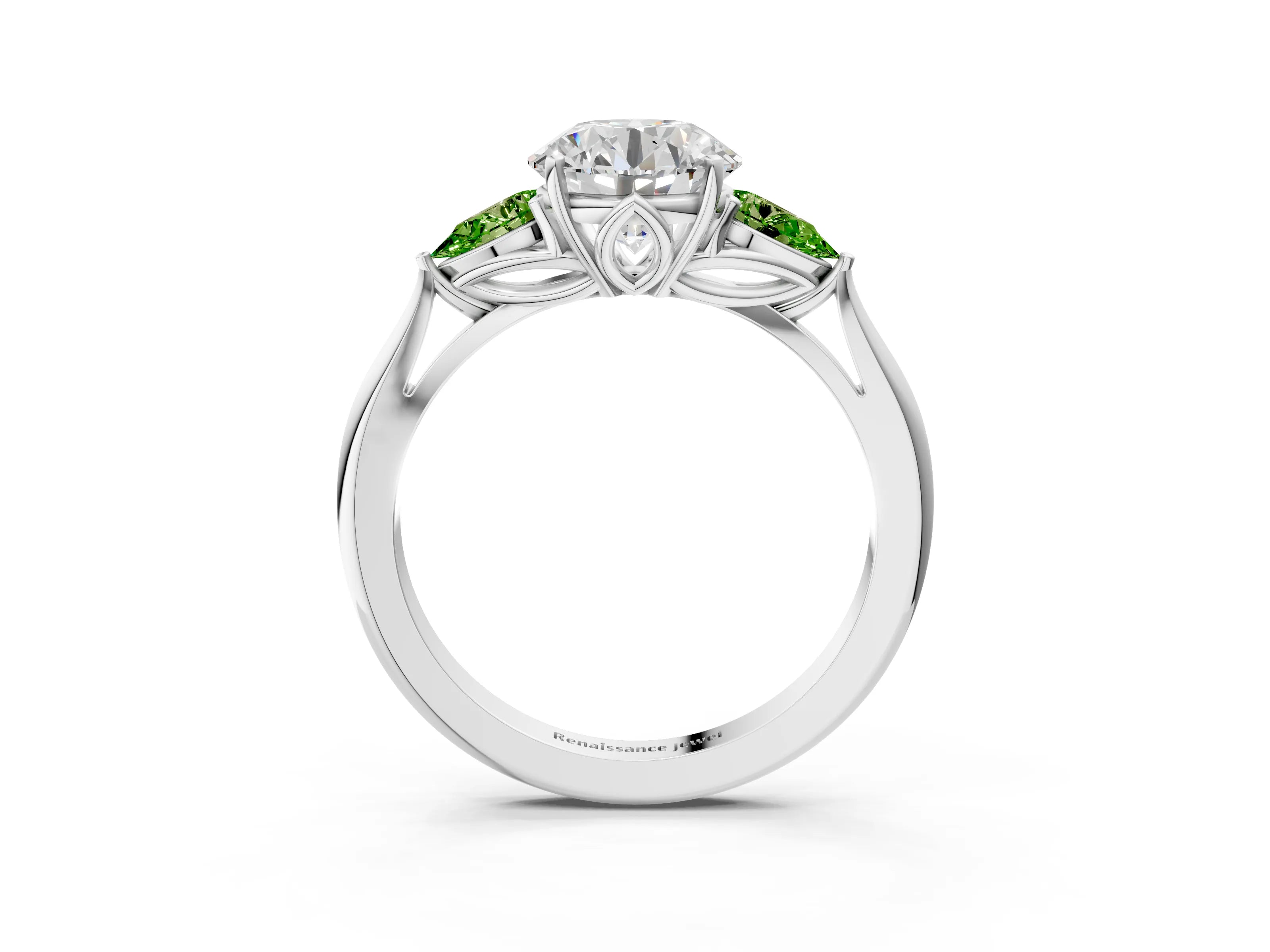 White gold Round Cut Diamond Three-Stone Ring with Pear with Peridot side stone Side Stones and Prong Setting_45