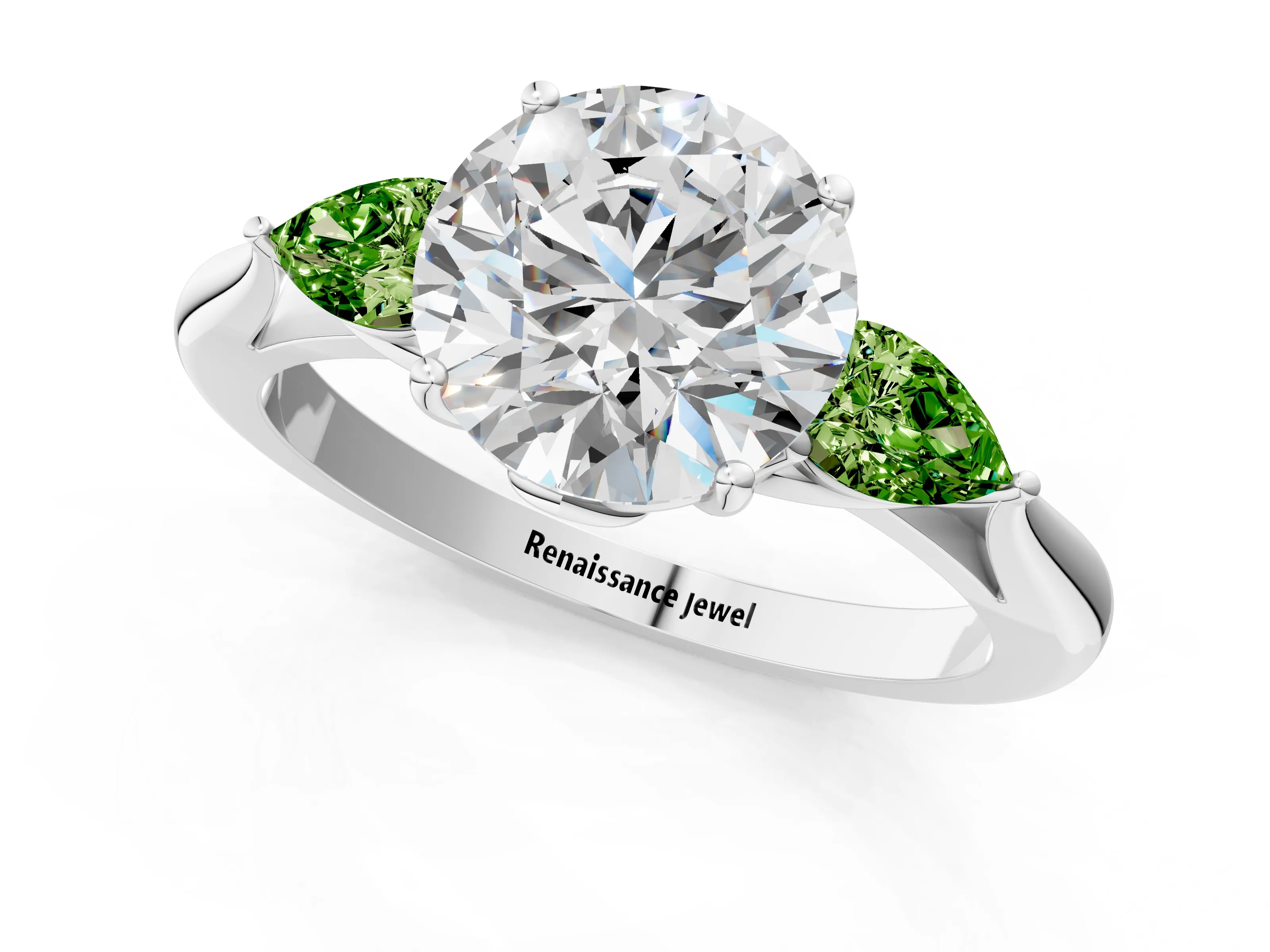 White gold Round Cut Diamond Three-Stone Ring with Pear with Peridot side stone Side Stones and Prong Setting_7
