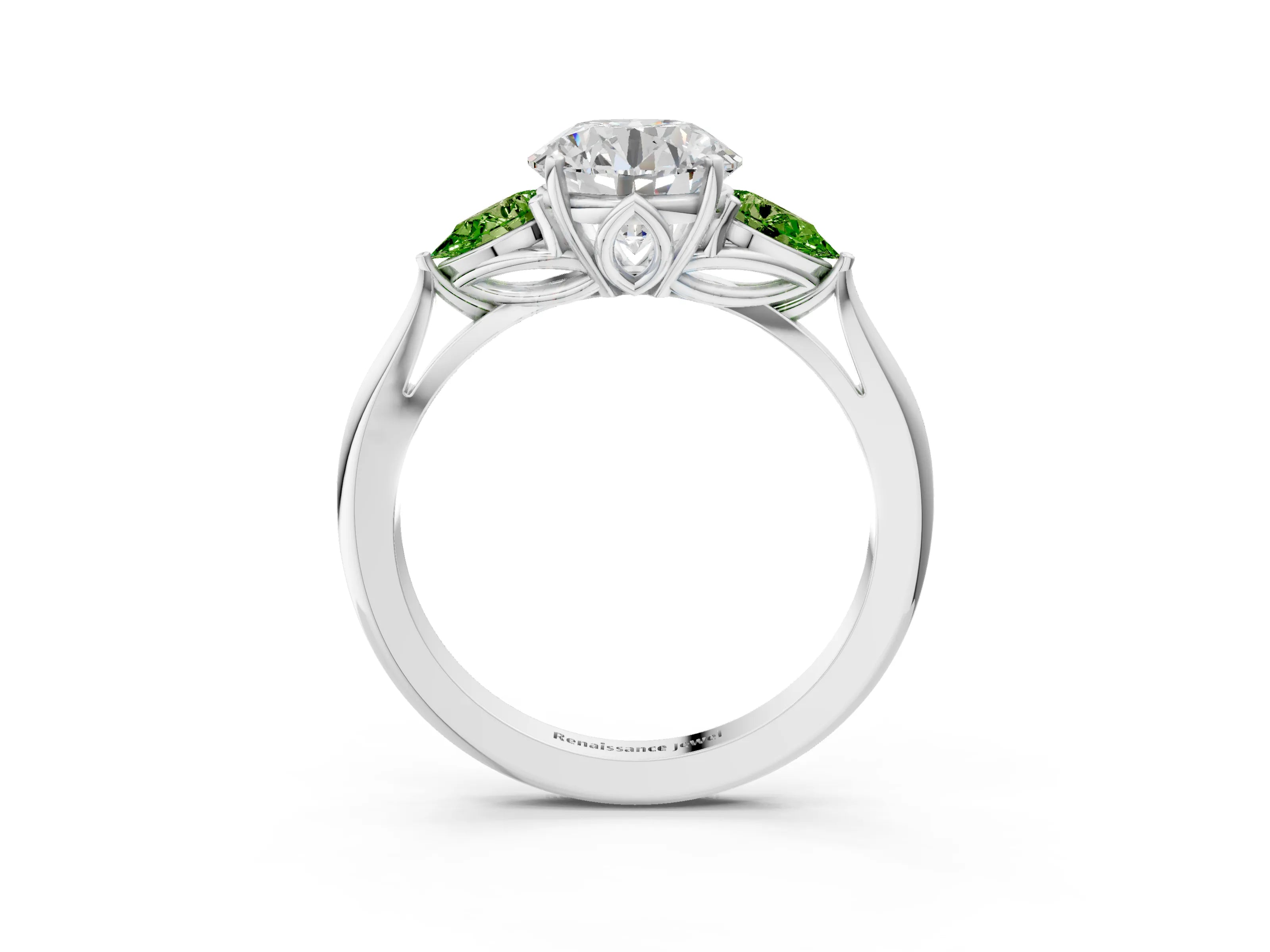 White gold Round Cut Diamond Three-Stone Ring with Pear with Peridot side stone Side Stones and Prong Setting_9