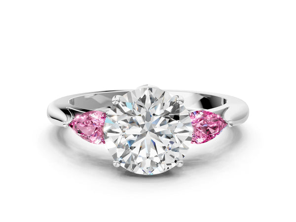 White Gold Round Three Stone Engagement Ring Setting with Pear Lab-Grown Pink Sapphire Side Stones
