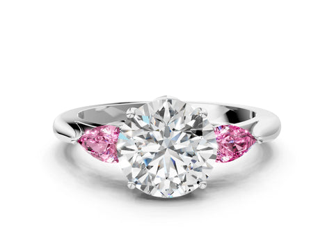 White gold Round Cut Diamond Three-Stone Ring with Pear with Pink Sapphire side stone Side Stones and Prong Setting_36
