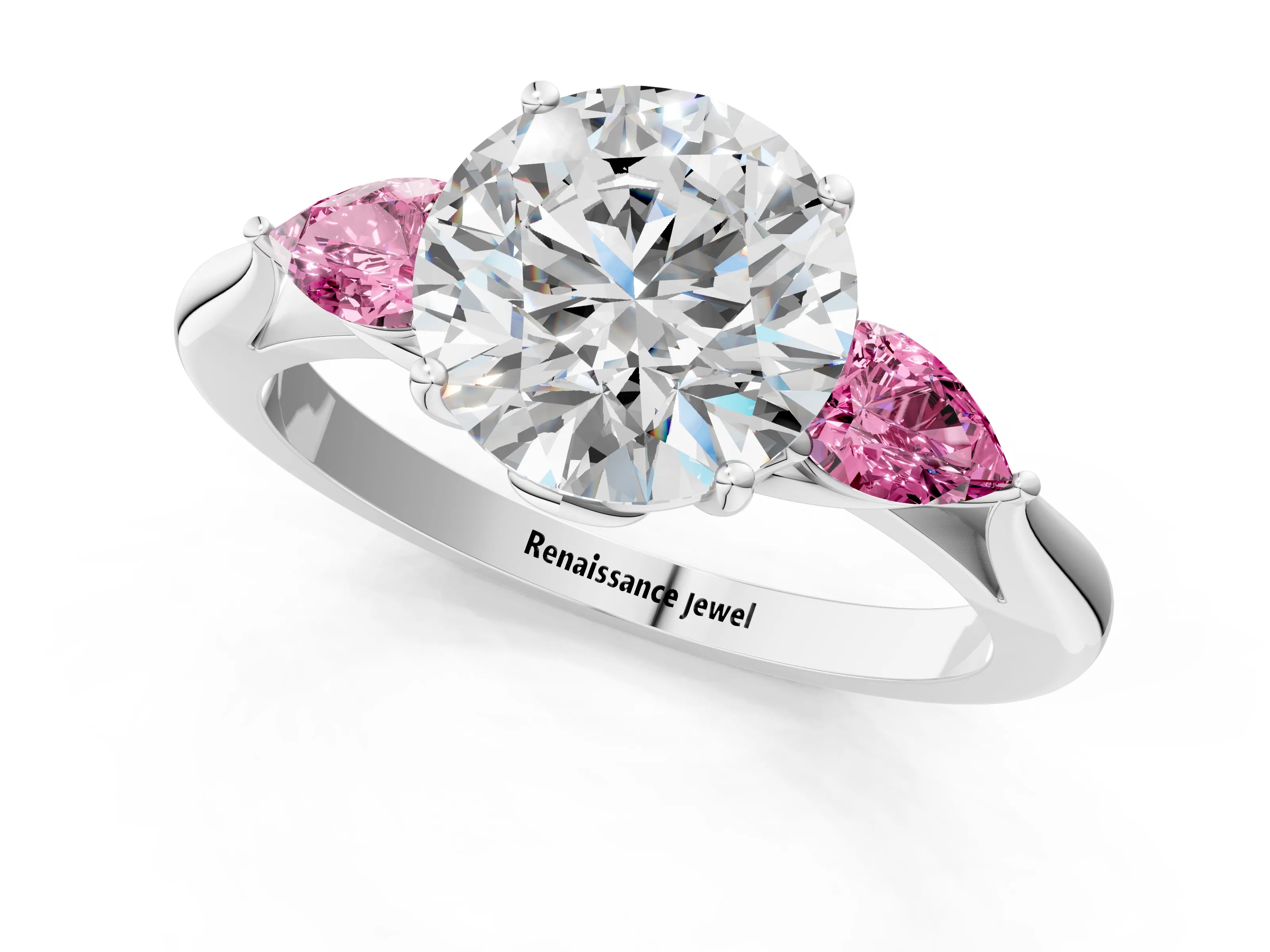 White gold Round Cut Diamond Three-Stone Ring with Pear with Pink Sapphire side stone Side Stones and Prong Setting_37
