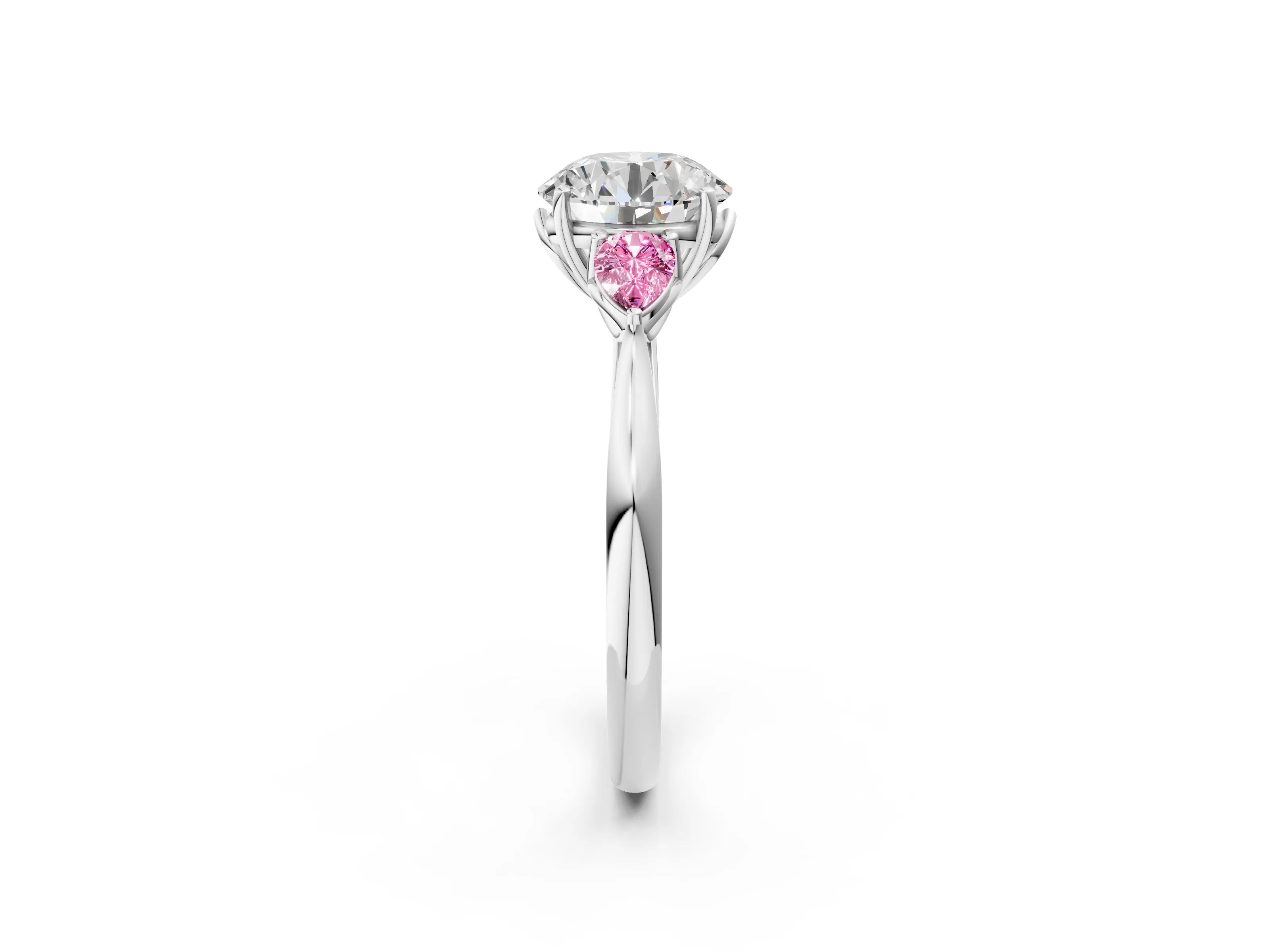 White gold Round Cut Diamond Three-Stone Ring with Pear with Pink Sapphire side stone Side Stones and Prong Setting_38