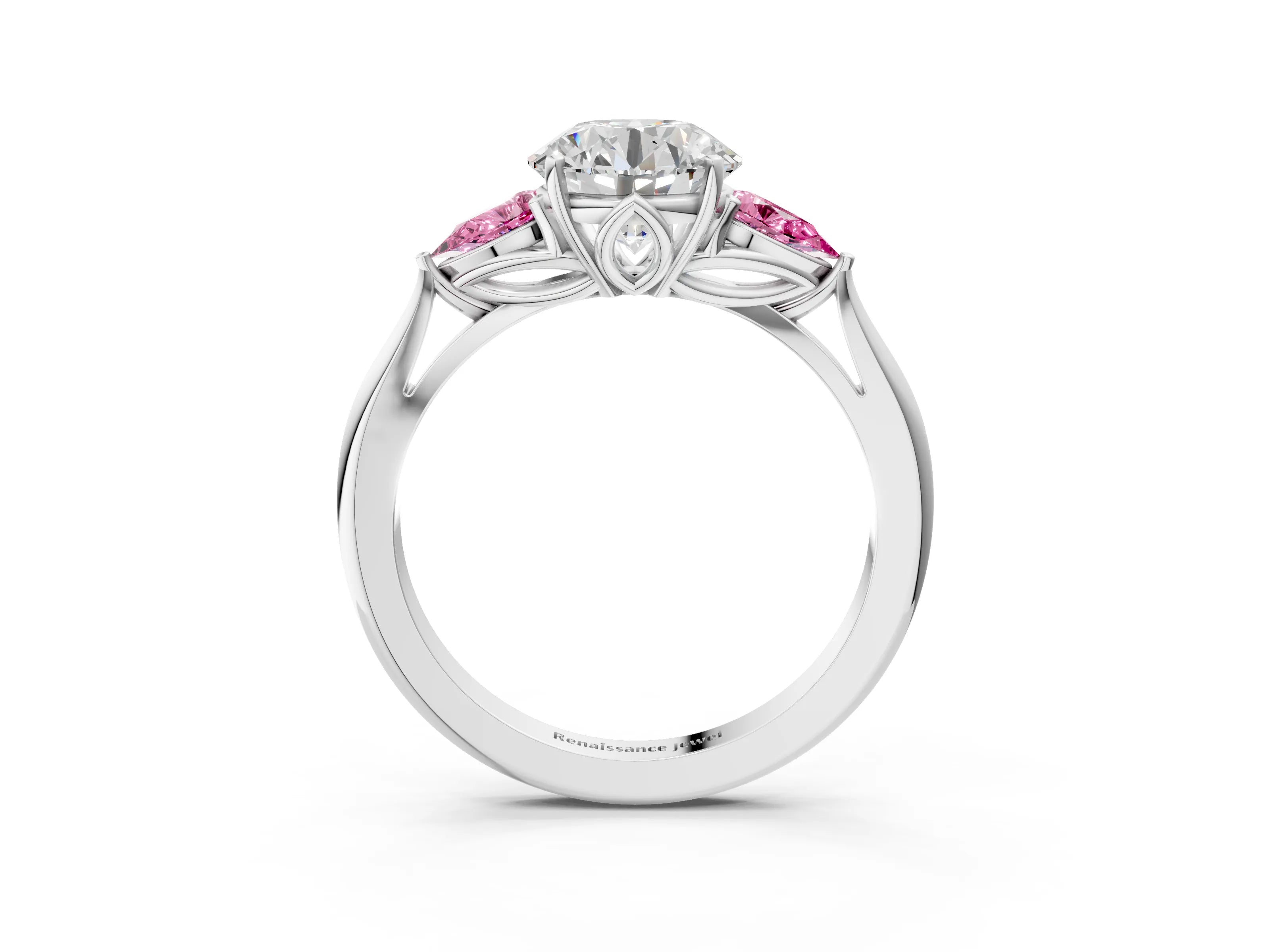 White gold Round Cut Diamond Three-Stone Ring with Pear with Pink Sapphire side stone Side Stones and Prong Setting_39