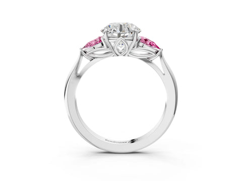 White gold Round Cut Diamond Three-Stone Ring with Pear with Pink Sapphire side stone Side Stones and Prong Setting_39