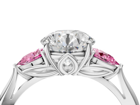 White gold Round Cut Diamond Three-Stone Ring with Pear with Pink Sapphire side stone Side Stones and Prong Setting_40