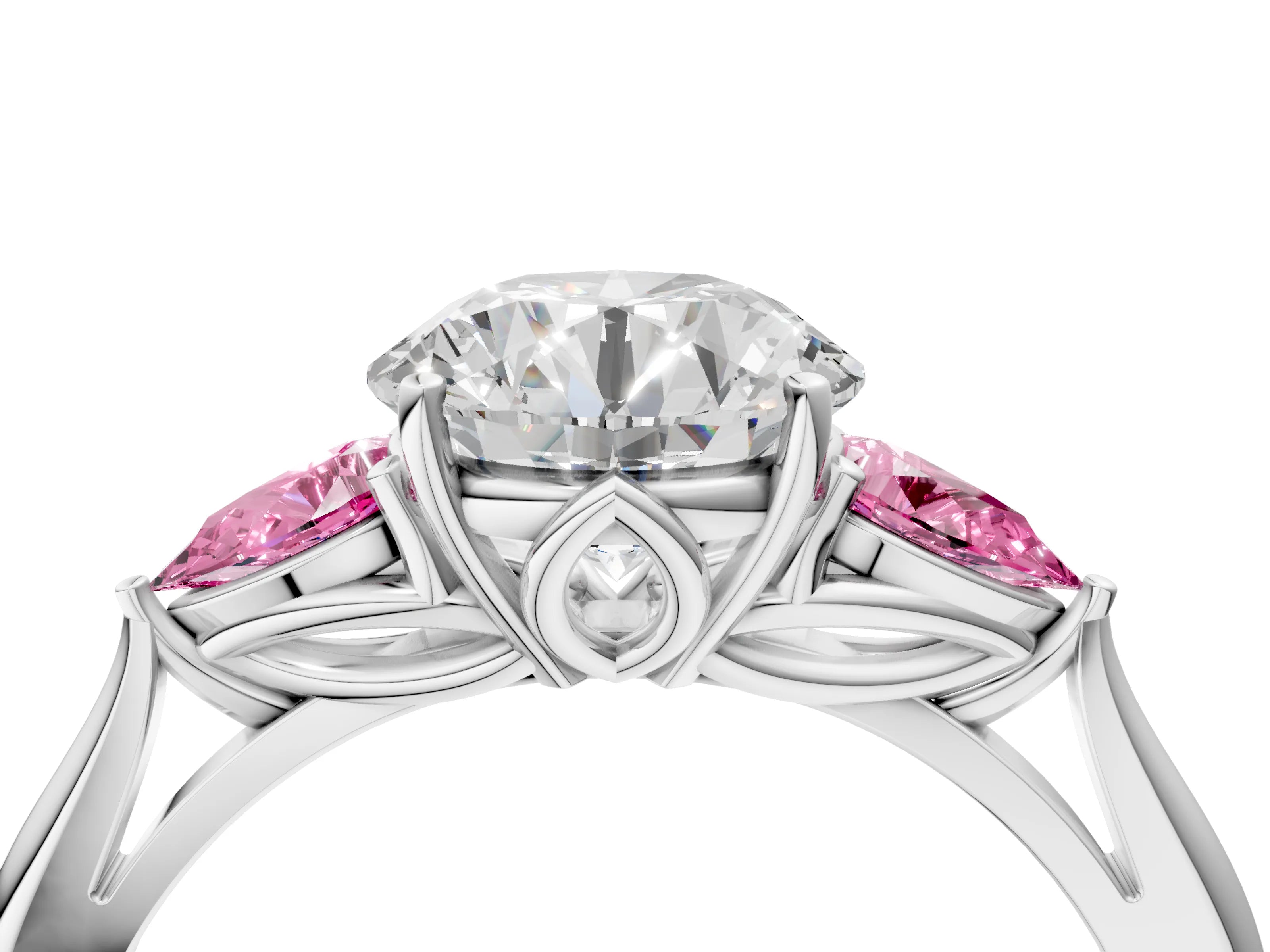 White gold Round Cut Diamond Three-Stone Ring with Pear with Pink Sapphire side stone Side Stones and Prong Setting_40
