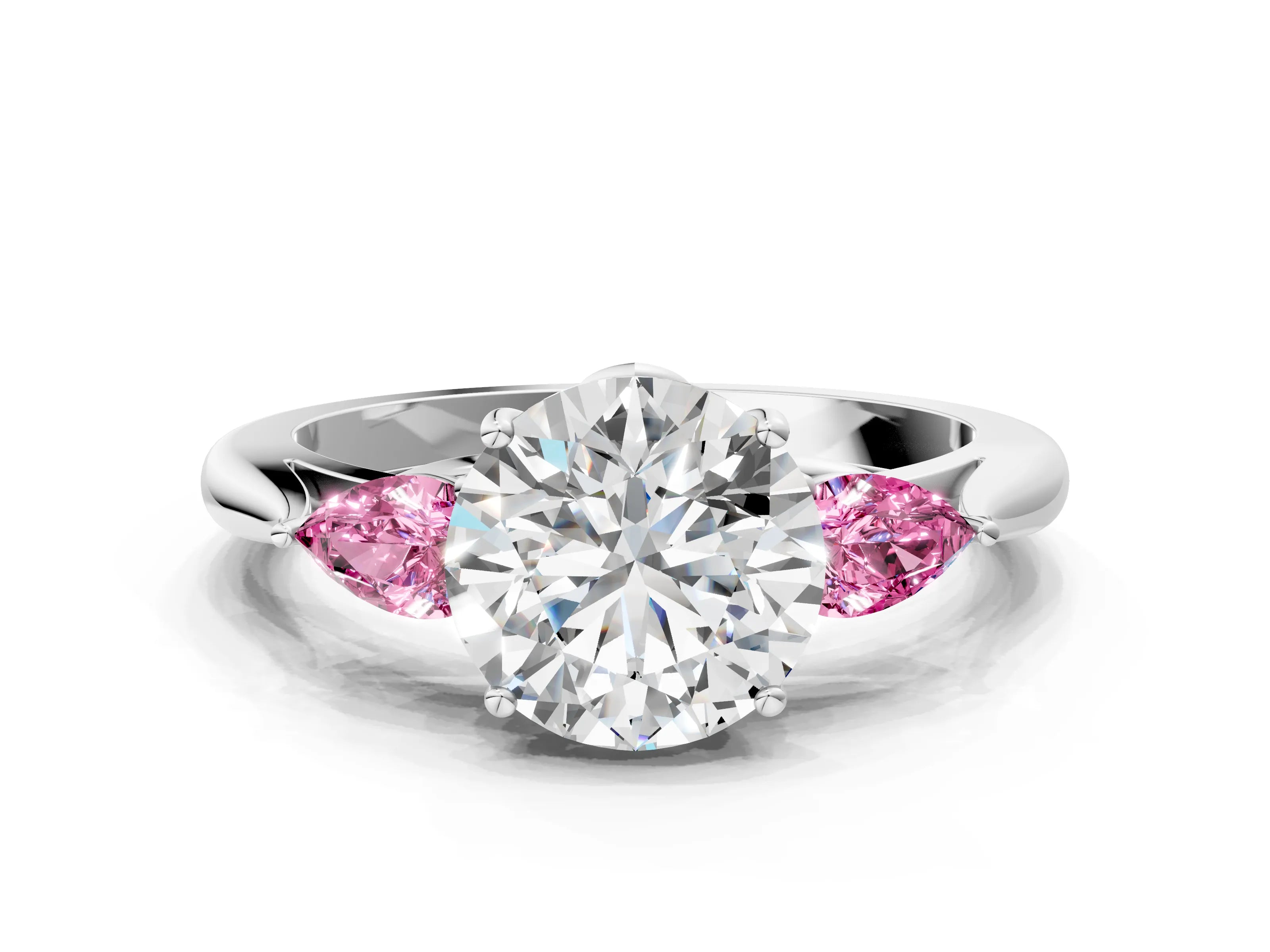 White gold Round Cut Diamond Three-Stone Ring with Pear with Pink Sapphire side stone Side Stones and Prong Setting_60