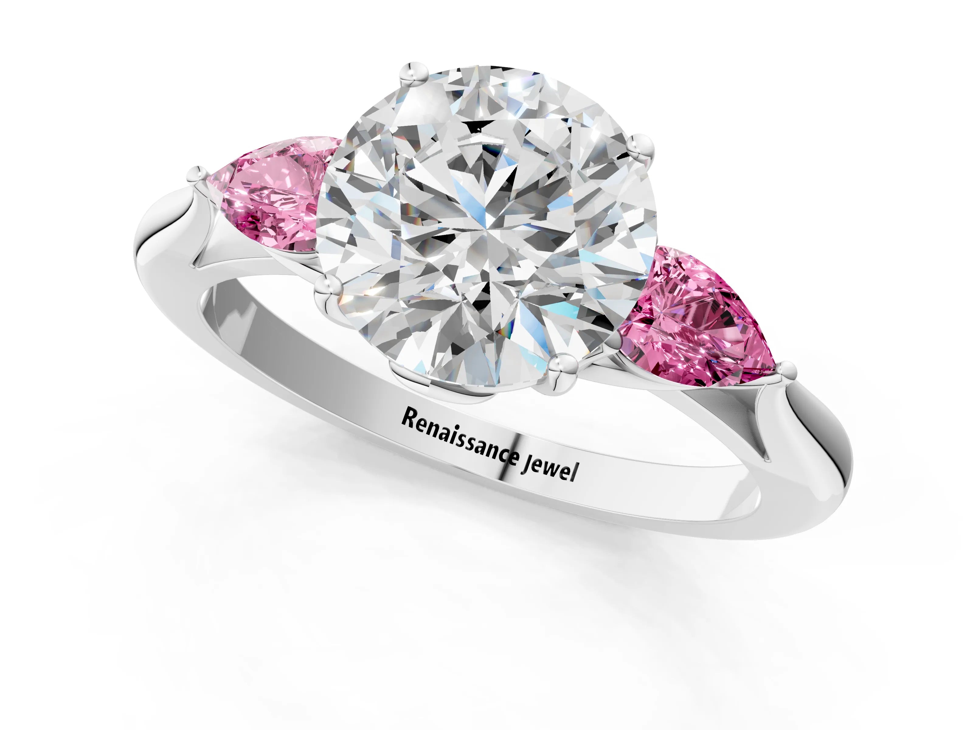 White gold Round Cut Diamond Three-Stone Ring with Pear with Pink Sapphire side stone Side Stones and Prong Setting_61