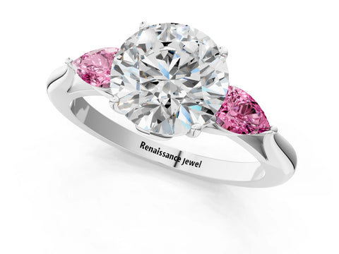White gold Round Cut Diamond Three-Stone Ring with Pear with Pink Sapphire side stone Side Stones and Prong Setting_61
