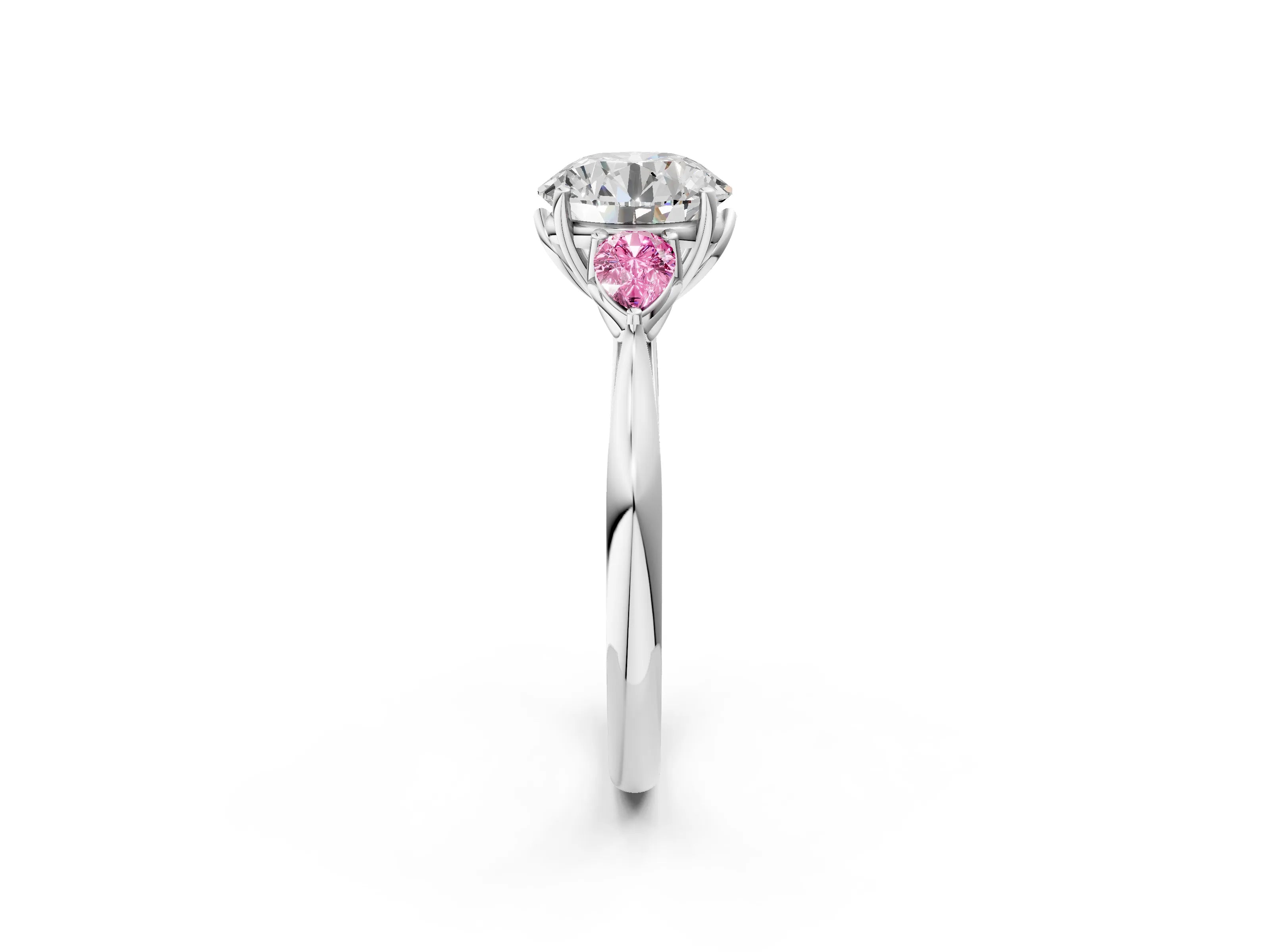 White gold Round Cut Diamond Three-Stone Ring with Pear with Pink Sapphire side stone Side Stones and Prong Setting_62