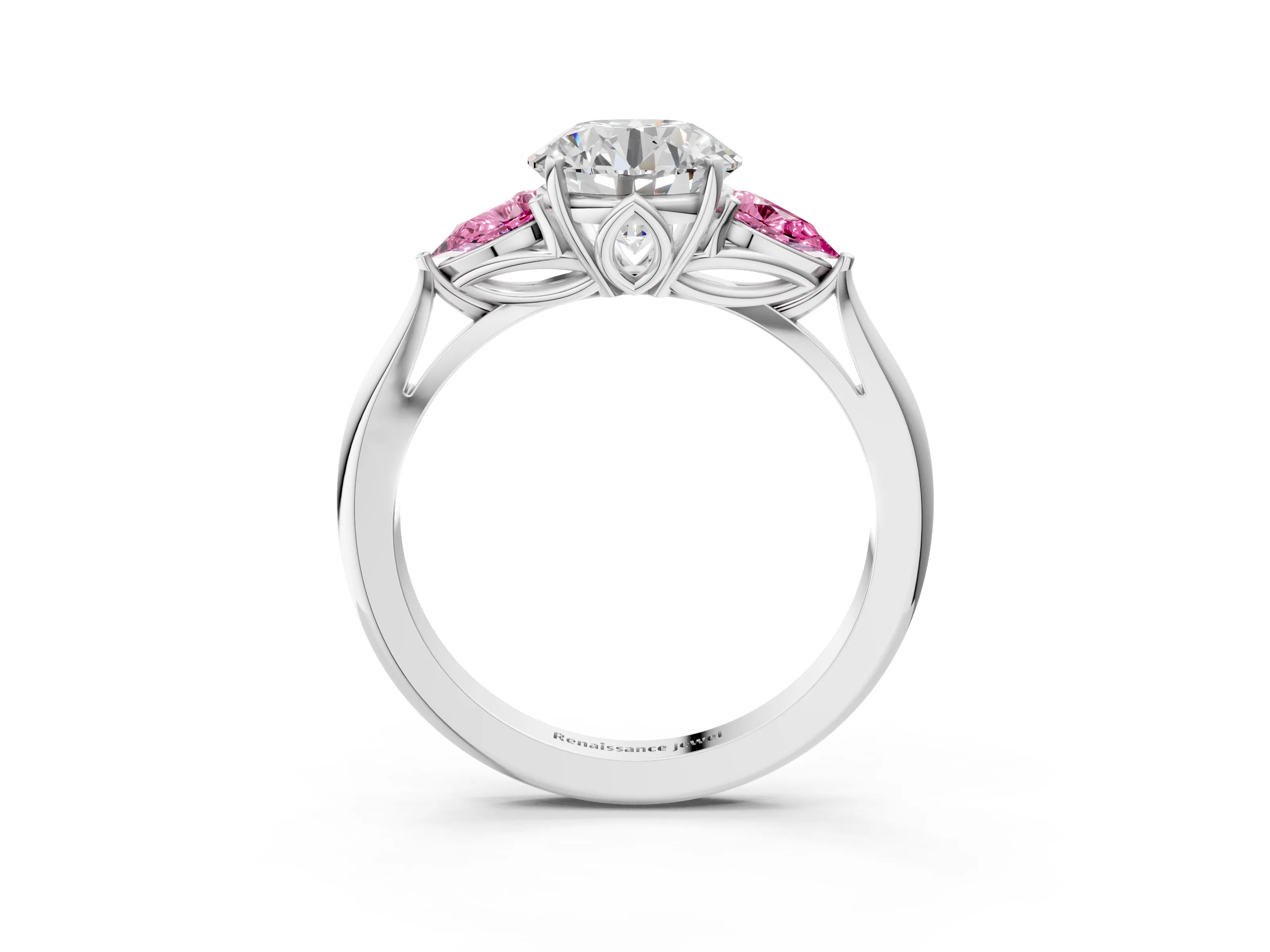 White gold Round Cut Diamond Three-Stone Ring with Pear with Pink Sapphire side stone Side Stones and Prong Setting_63