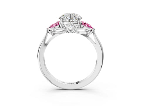 White gold Round Cut Diamond Three-Stone Ring with Pear with Pink Sapphire side stone Side Stones and Prong Setting_63