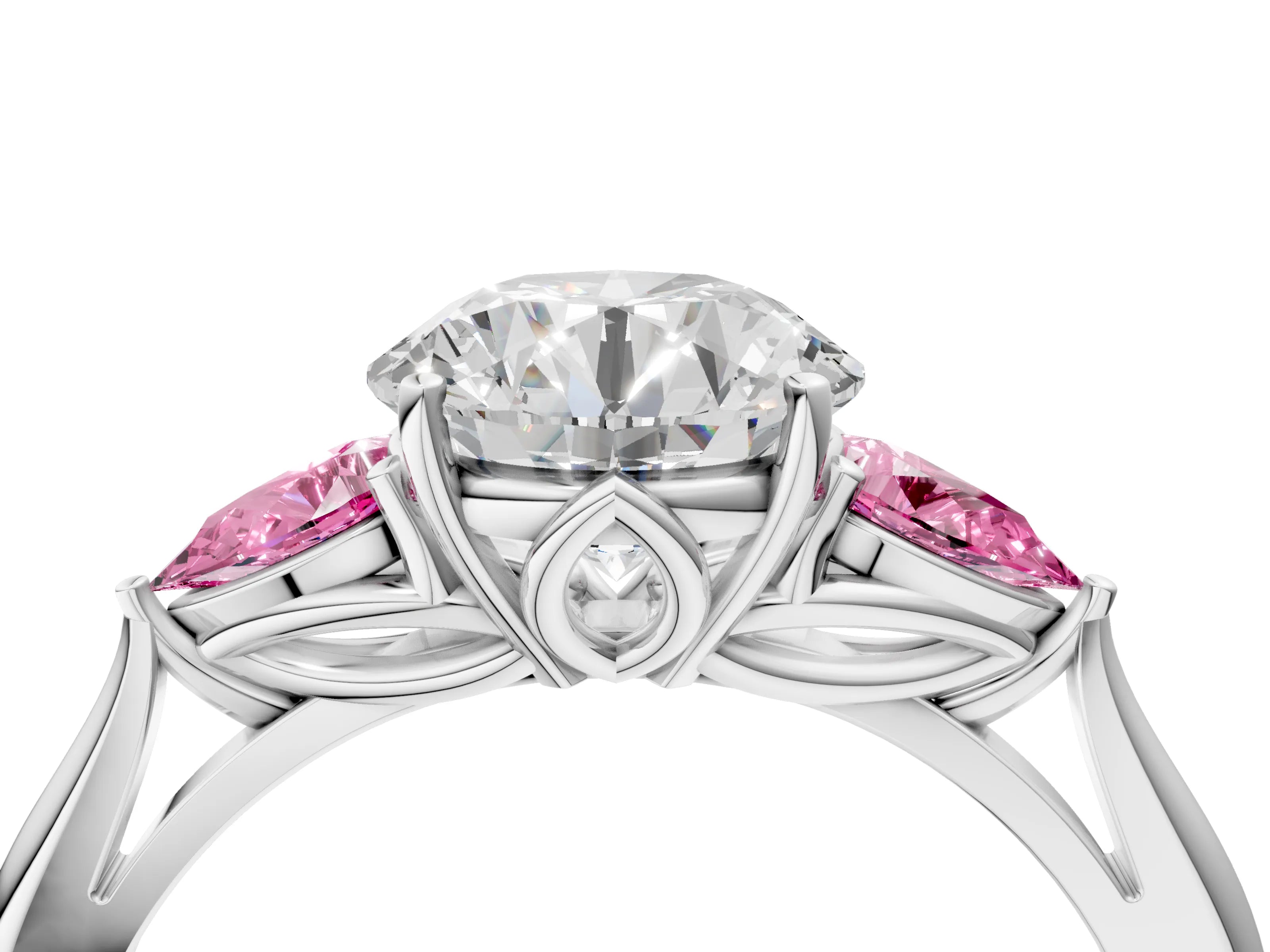 White gold Round Cut Diamond Three-Stone Ring with Pear with Pink Sapphire side stone Side Stones and Prong Setting_64
