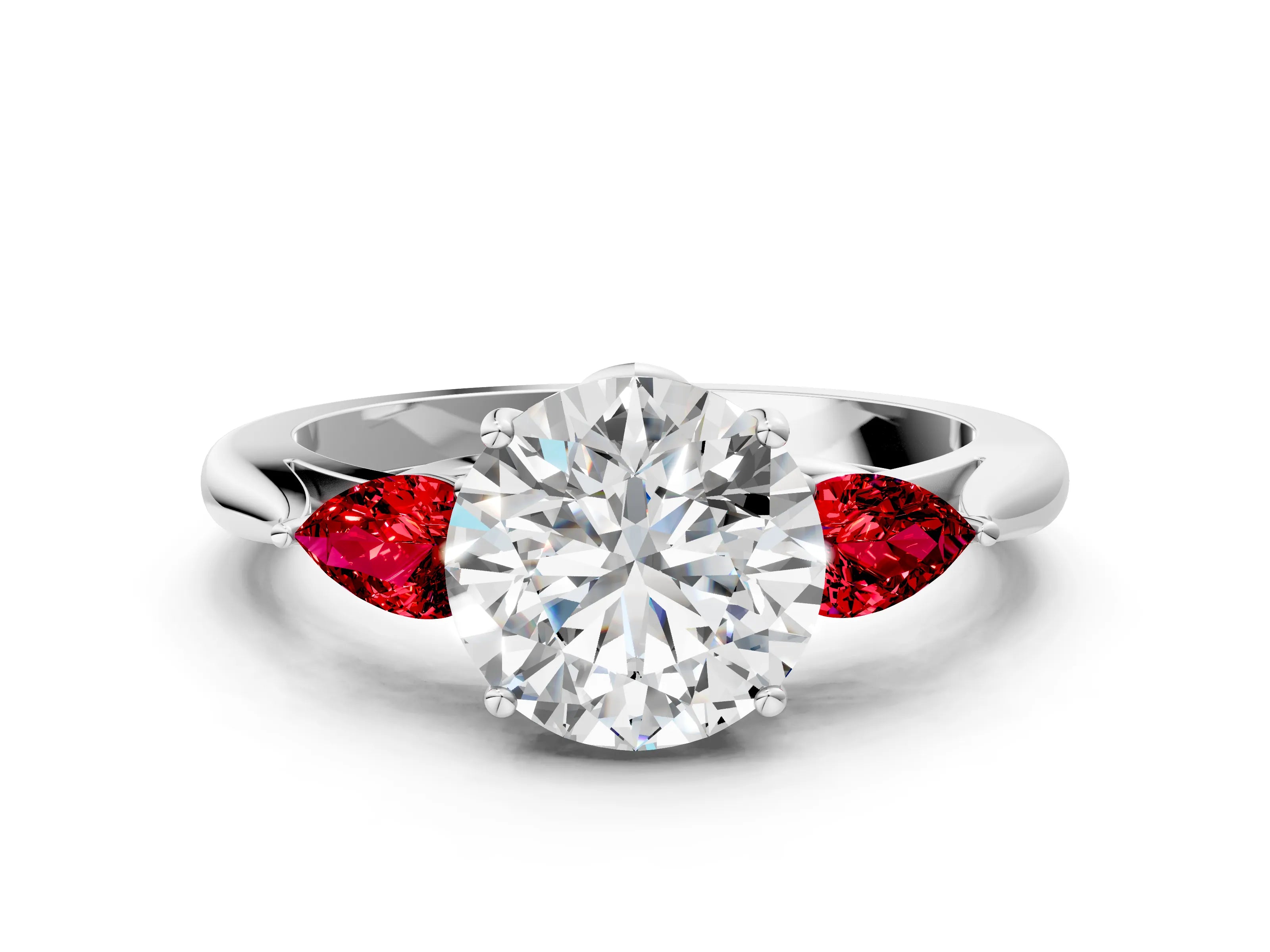 White gold Round Cut Diamond Three-Stone Ring with Pear with Ruby side stone Side Stones and Prong Setting_12