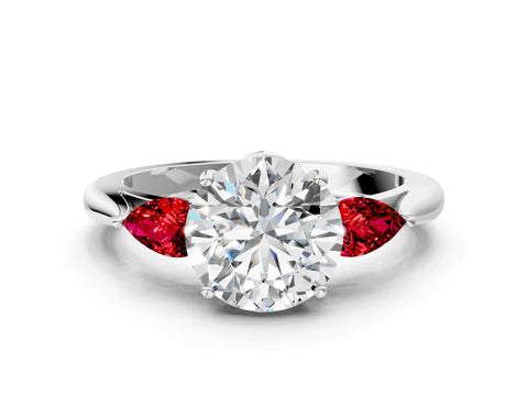 White gold Round Cut Diamond Three-Stone Ring with Pear with Ruby side stone Side Stones and Prong Setting_12