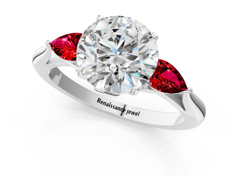 White gold Round Cut Diamond Three-Stone Ring with Pear with Ruby side stone Side Stones and Prong Setting_13