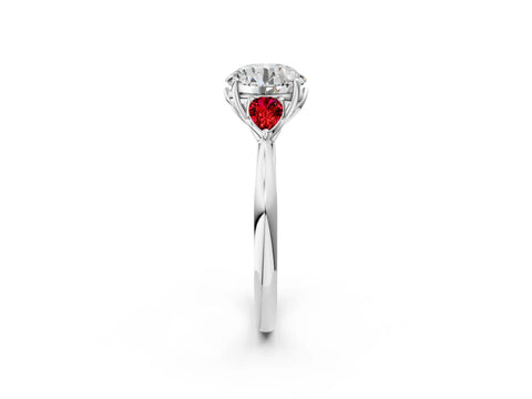 White gold Round Cut Diamond Three-Stone Ring with Pear with Ruby side stone Side Stones and Prong Setting_14