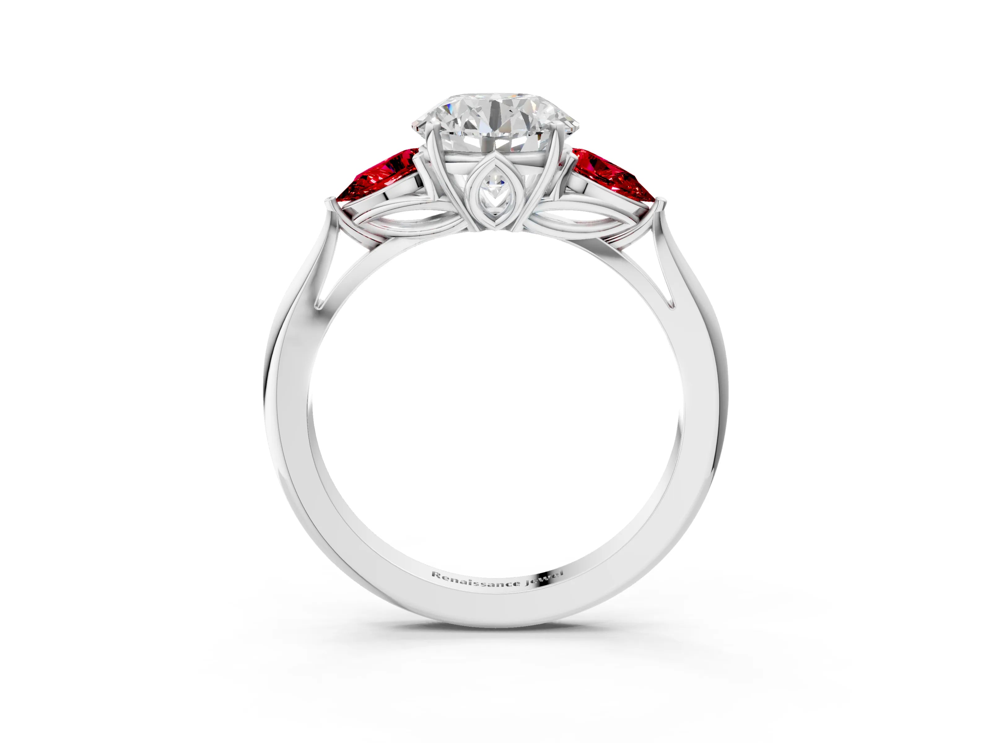 White gold Round Cut Diamond Three-Stone Ring with Pear with Ruby side stone Side Stones and Prong Setting_15